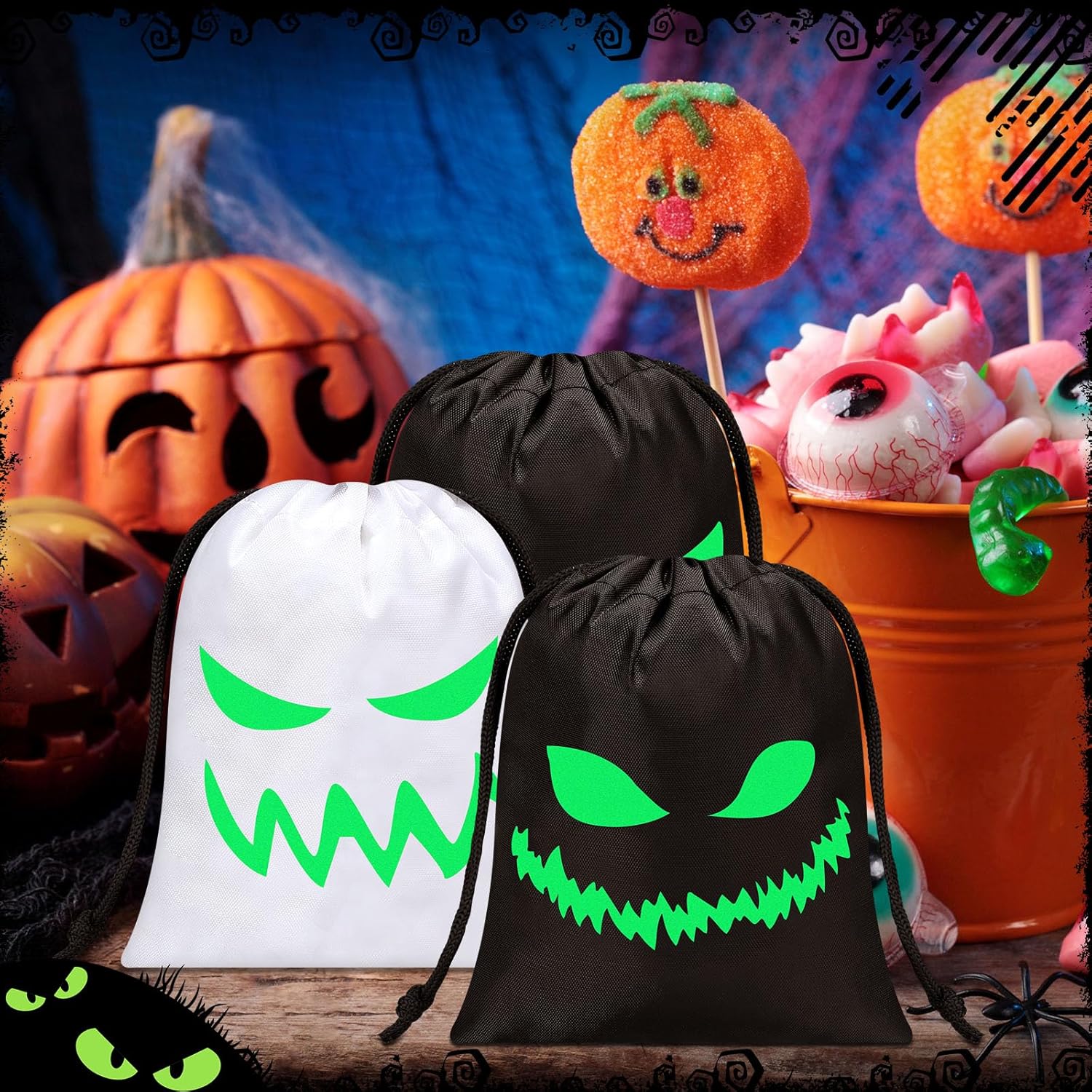 16 bolsas de recuerdo de Halloween, caras espeluznantes, pequeñas con cordón, bolsa de regalo para aula, Halloween, fiesta de cumpleaños (7 x 10