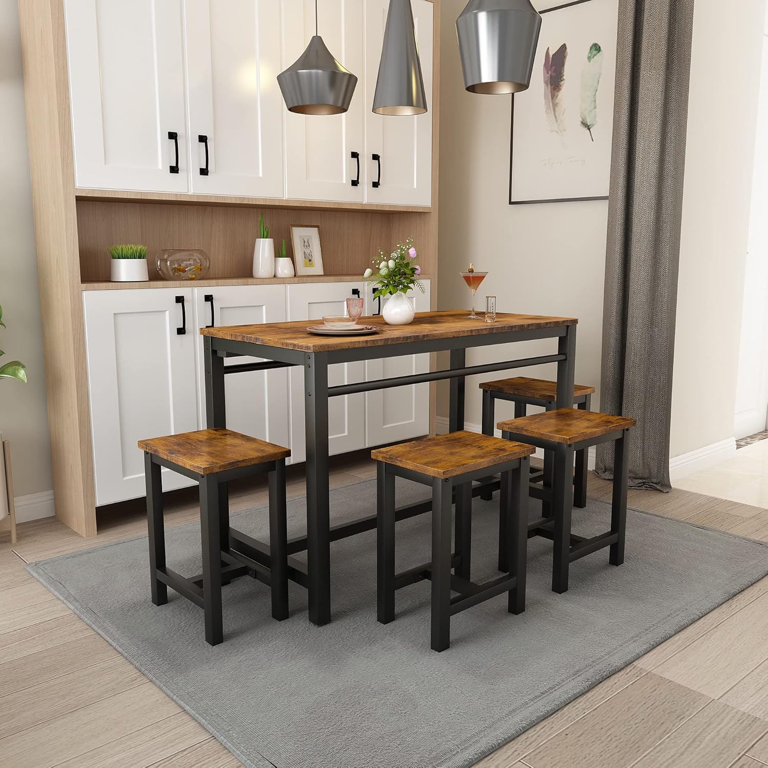 Hooseng Juego de mesa de comedor de 5 piezas, mesa de comedor moderna de altura de barra y juego de bar con 4 sillas, juego de mesa de cocina y