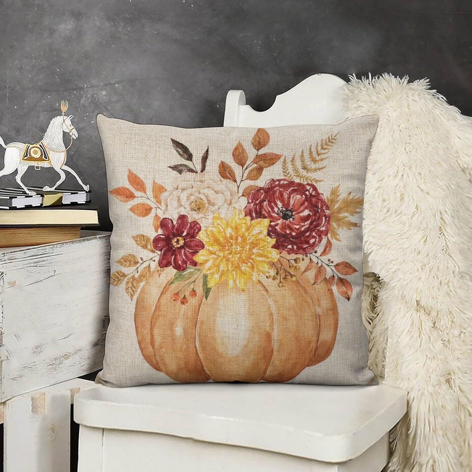 Juego de 2 fundas de almohada de calabaza naranja otoñal de 18 x 18 pulgadas, juego de 2 fundas de almohada cuadradas decorativas de lino con flores