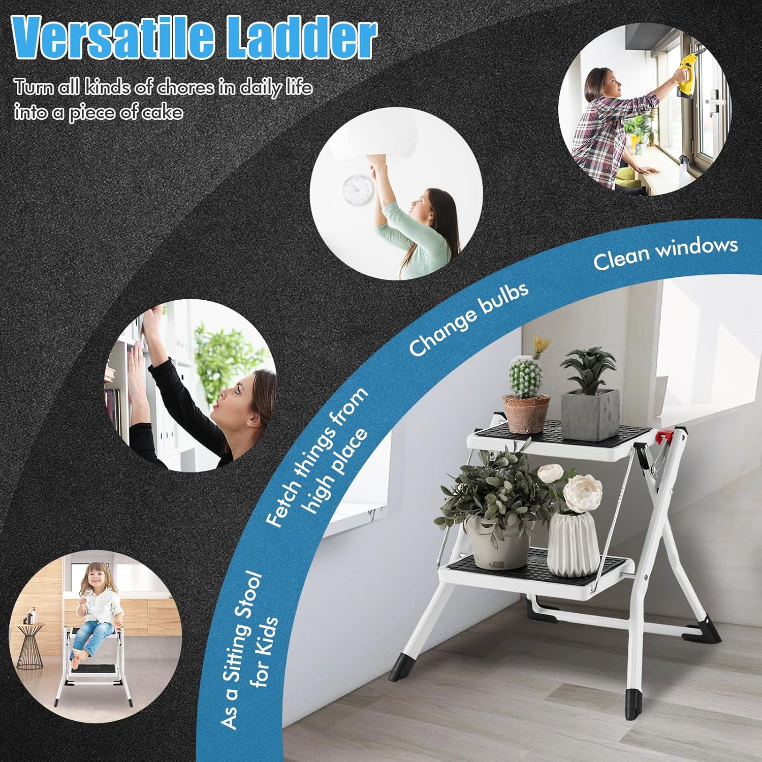 Safstar – Escalera plegable de 2 escalones, taburete ligero con pedal antideslizante, almohadillas y asa, marco de metal resistente, capacidad de