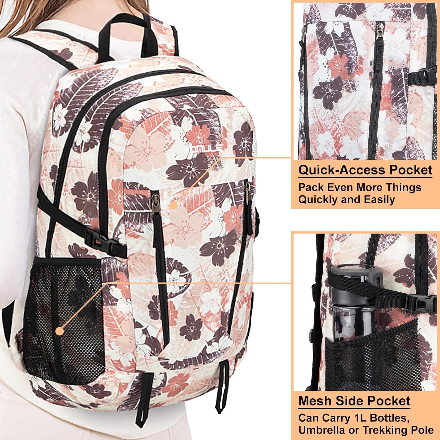 TOMULE Mochila de senderismo de día para mujer, mochila pequeña impermeable para mujer, mochila de viaje ligera para mujer, 40L
