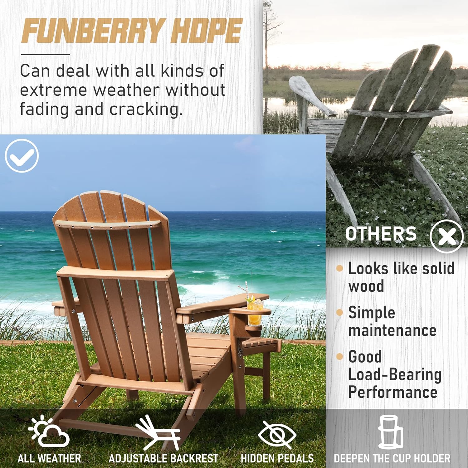 FUNBERRY Silla Adirondack con respaldo ajustable, sillas Adirondack plegables,Sillas Adirondack de plástico con otomana,Silla Adirondack resistente