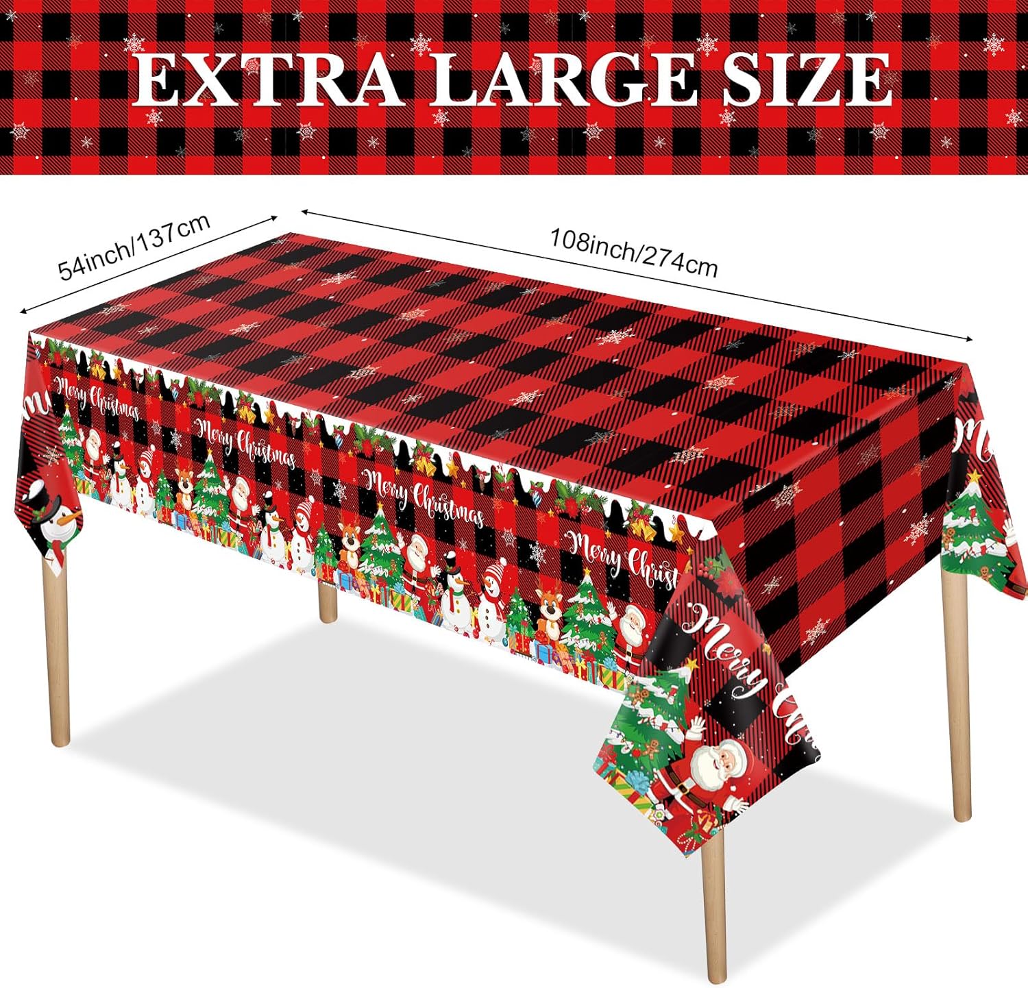 Tiamon Mantel de Navidad con diseño de búfalo de Navidad, mantel de picnic rojo y negro, mantel de plástico con copos de nieve para decoración de