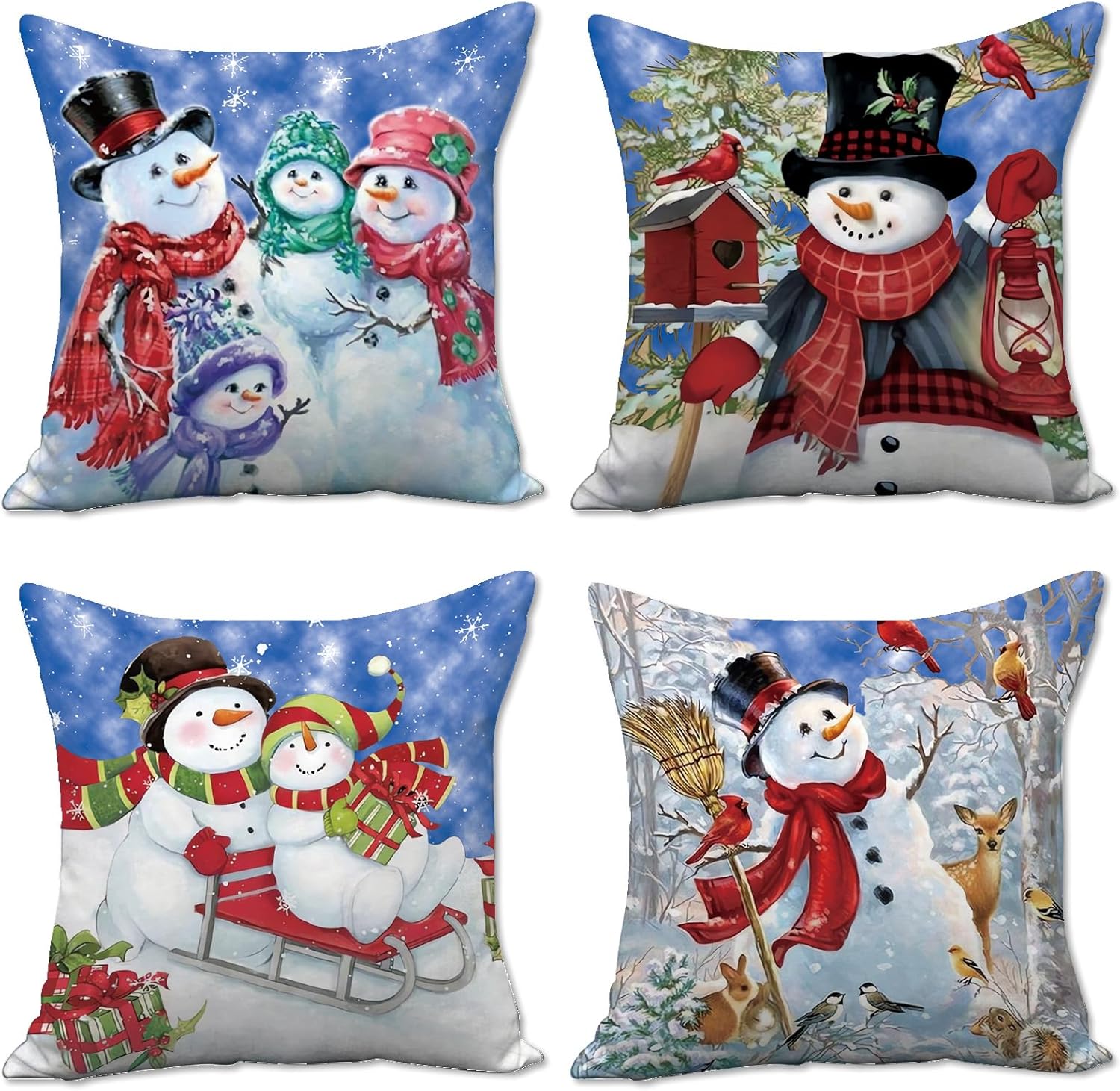 Juego de 4 fundas de almohada de muñeco de nieve de Navidad de 18 x 18 pulgadas, fundas de almohada de terciopelo suave para sala de estar,