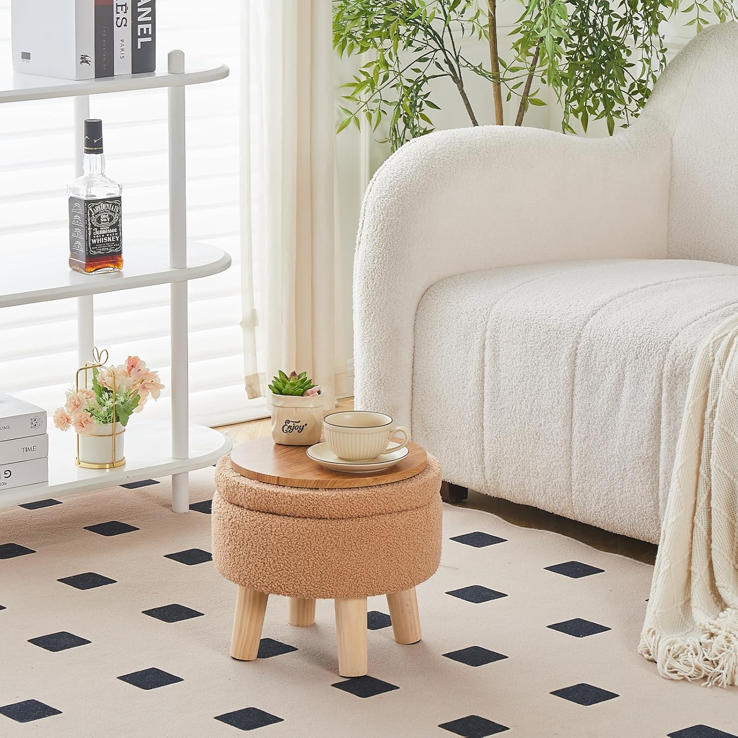 Wimarsbon Otomana de almacenamiento, moderno reposapiés redondo con asiento acolchado suave, reposapiés de terciopelo de peluche con patas de