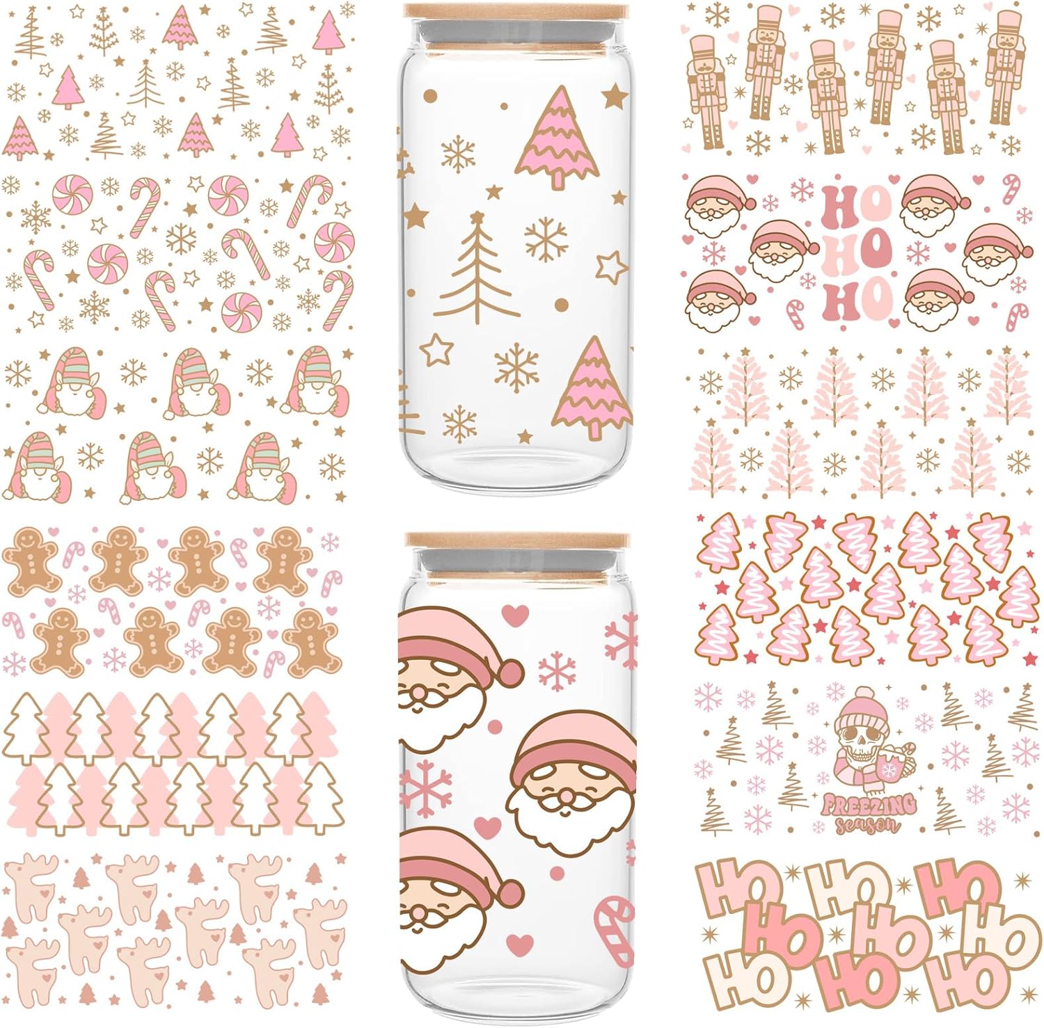 Envoltura de copa de Navidad UV DTF  Árbol de Navidad de pan de jengibre de Papá Noel impreso 16oz Libbey Glass Cup Wrap, listo para aplicar,