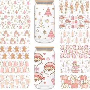 Envoltura de copa de Navidad UV DTF  Árbol de Navidad de pan de jengibre de Papá Noel impreso 16oz Libbey Glass Cup Wrap, listo para aplicar, Envoltura de copa de Navidad UV DTF  Árbol de Navidad de pan de jengibre de Papá Noel impreso 16oz Libbey Glass Cup Wrap, listo para aplicar,