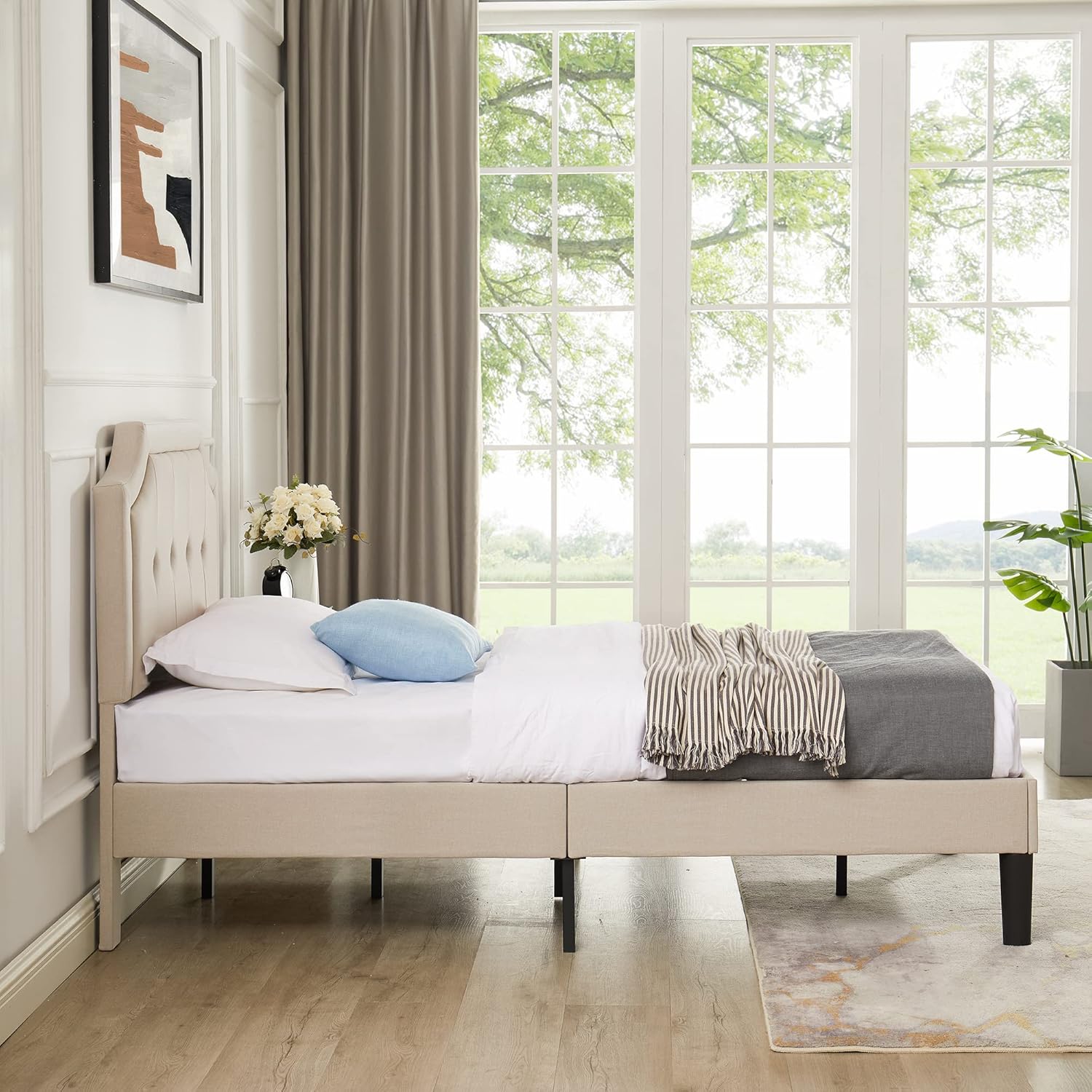VECELO Base de cama de plataforma tapizada individual con cabecera de panel cosida con botón ajustable, soporte de listones de madera fuerte, diseño