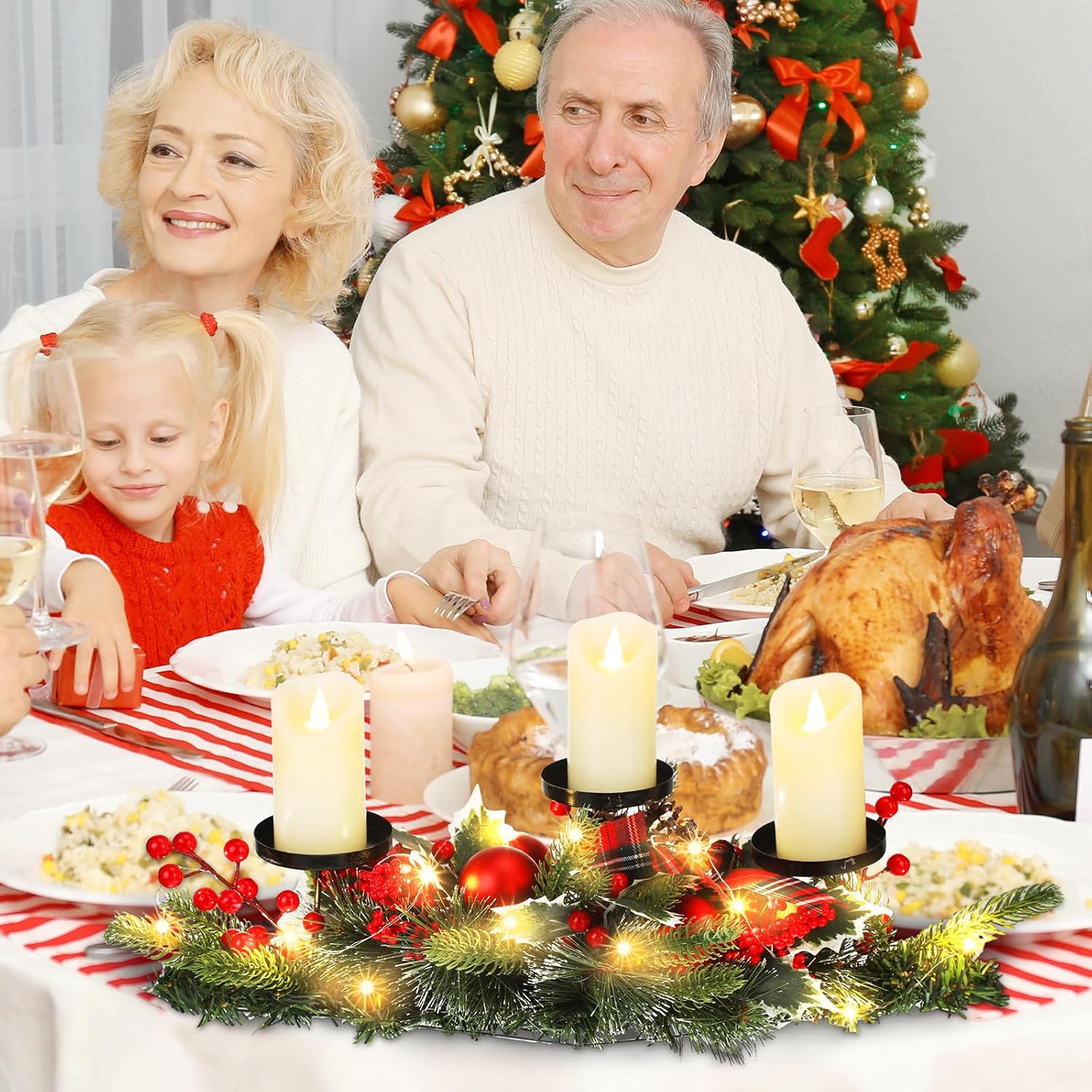 2 piezas de decoración de mesa de Navidad con 6 luces LED artificiales, funciona con pilas, candelabros triples para Navidad, para comedor, cocina,
