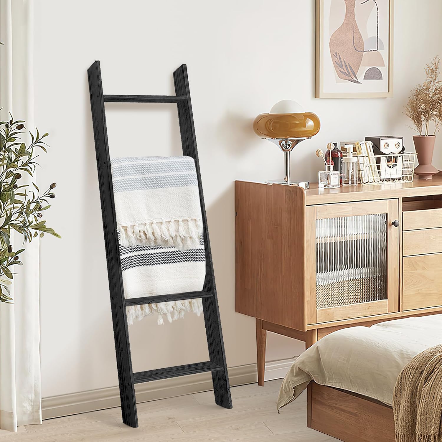 TEAKMAMA Escalera para mantas de 4.5 pies, soporte decorativo para mantas de granja, escaleras de manta de pared para sala de estar, fácil de