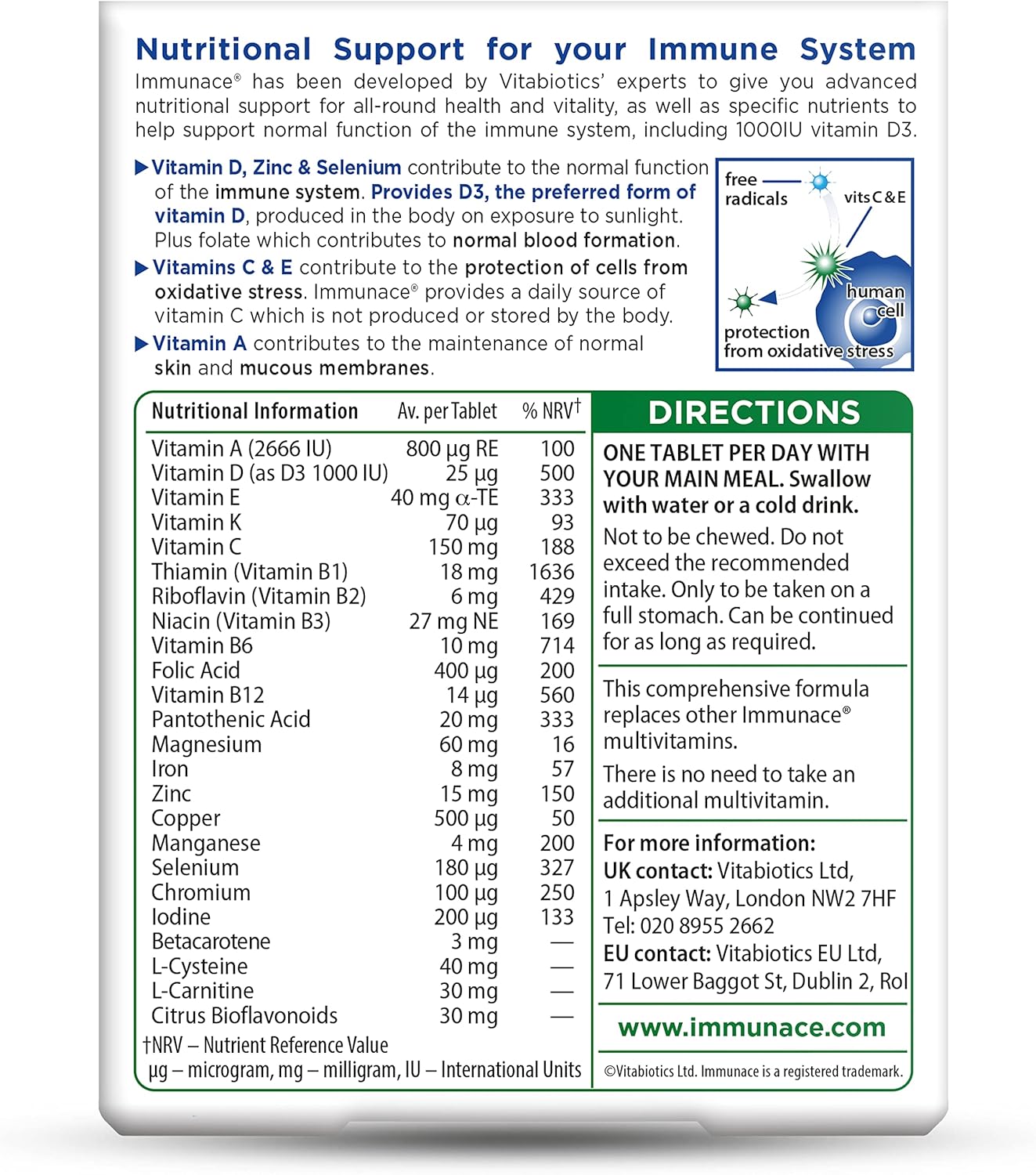 Vitabiotics Immunace Original – Soporte avanzado de micronutrientes y sistema inmunológico  Vitamina C, zinc y selenio – 30 tabletas