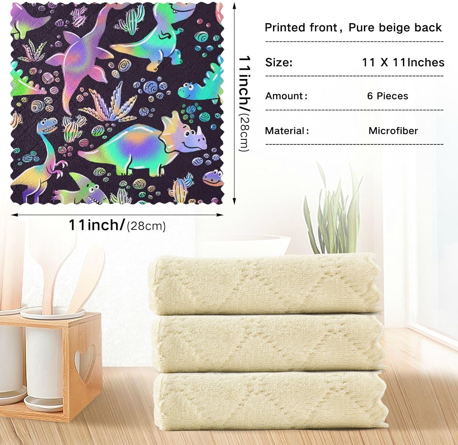 Neon Dinosaurs Kawaii Soft Print Microfiber Dish Towels Absorbent 6 Pack Kitchen Accessories for Cooking for Restaurant Sink