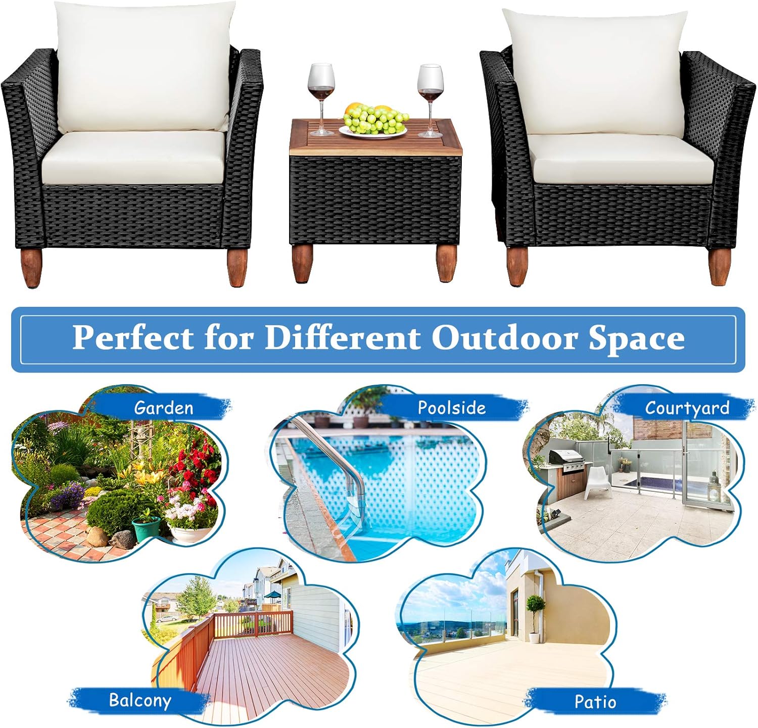 COSTWAY Juego de muebles de ratán de patio al aire libre 3PCS sofá acolchado de madera blanco