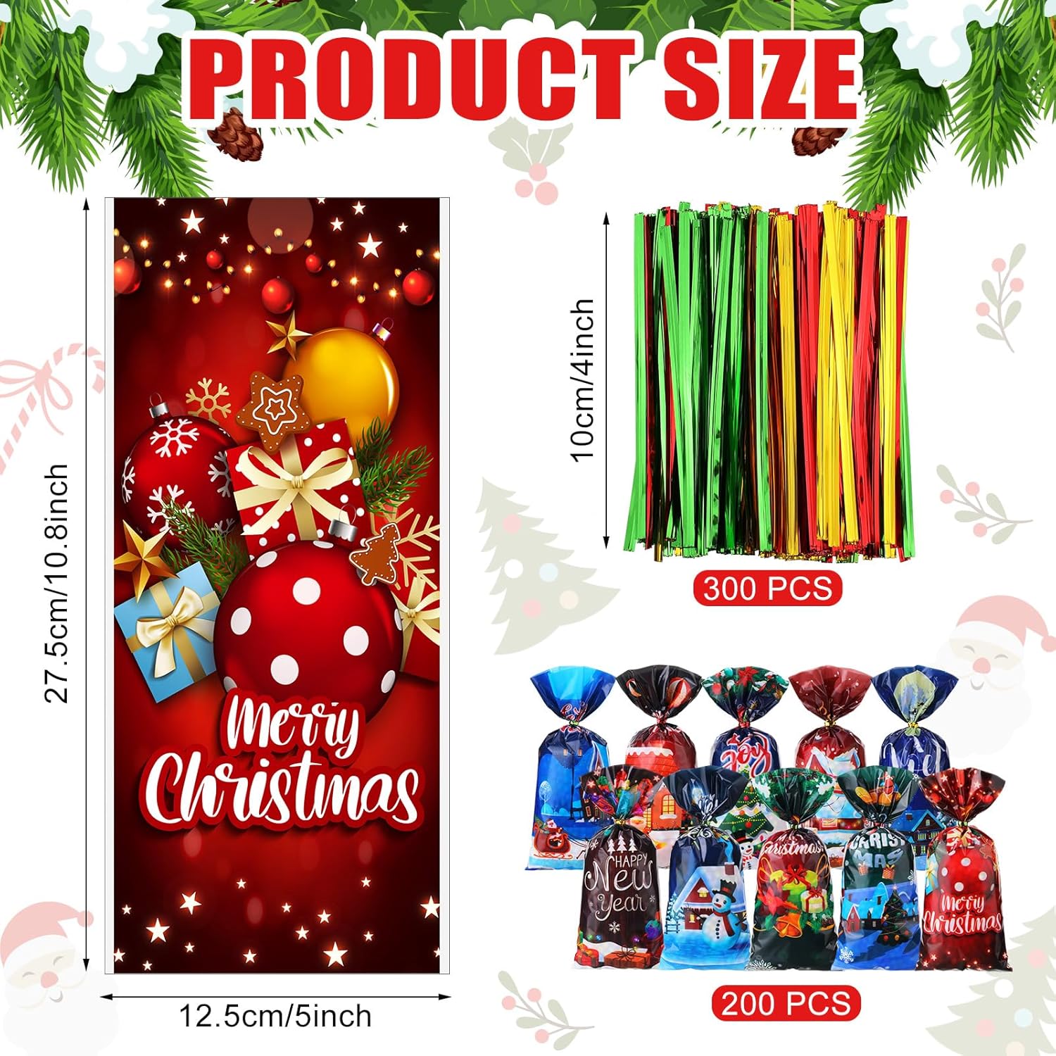 200 bolsas de dulces de celofán de Navidad a granel, bolsas de palomitas de maíz, bolsas de plástico de Papá Noel, sombrero de Navidad, muñeco de