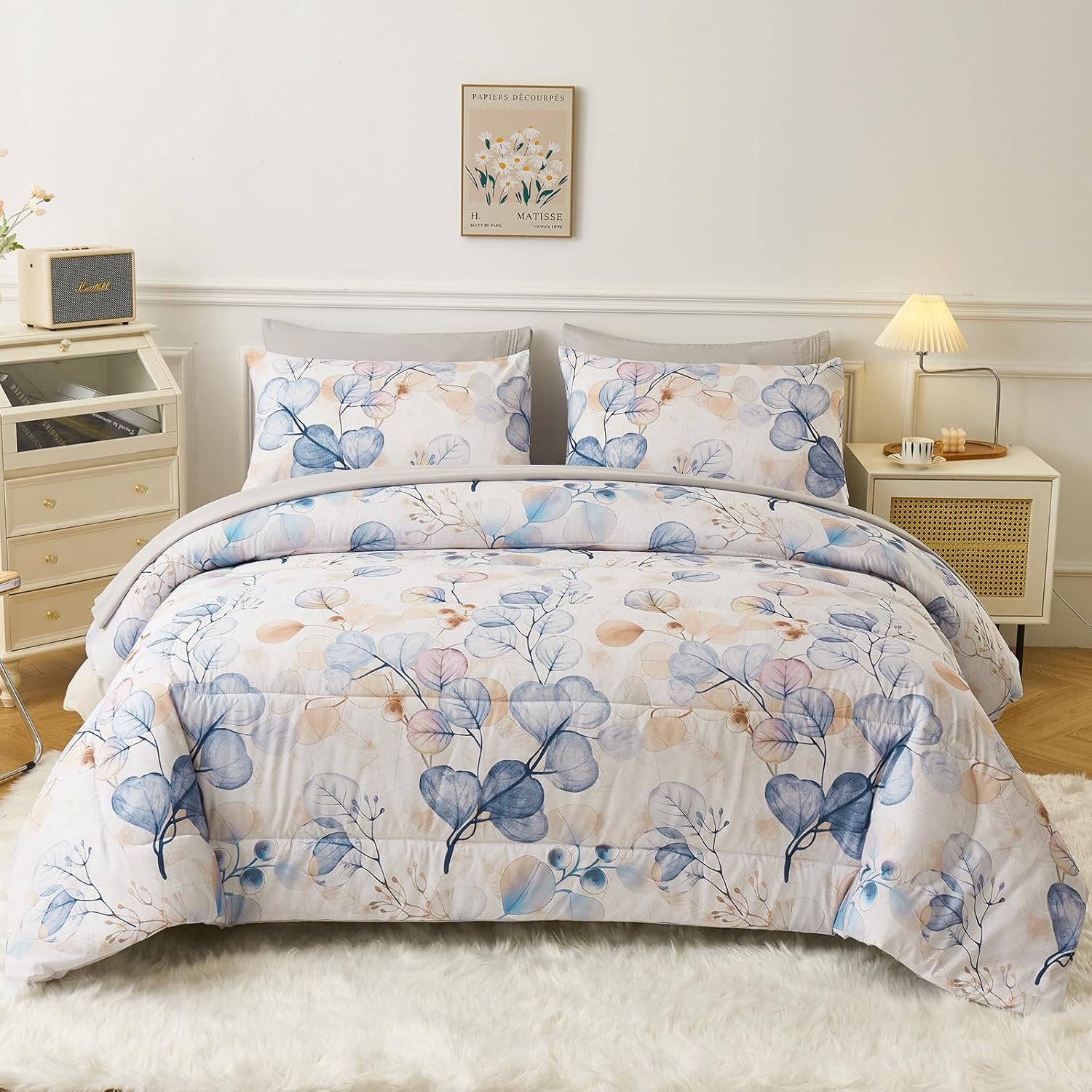 YIYEA Juego de edredón tamaño King  Estampado floral  7 piezas de cama en una bolsa  Juegos de ropa de cama para todas las estaciones con edredón,
