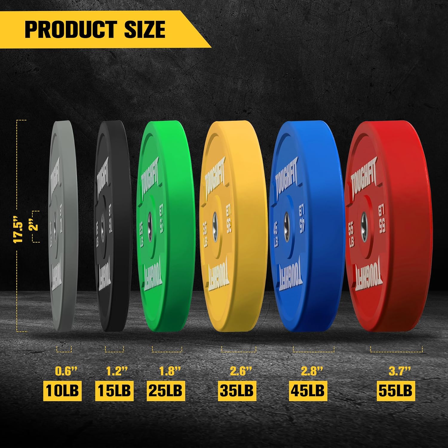 ToughFit Color Coded Olympic Bumper Plates for Barbell, 2-Inch Weights Plates With Steel Insert Weight Lifting Plate for Strength Training in Home