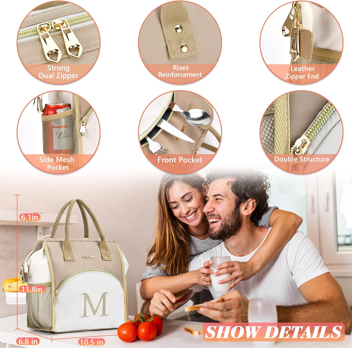 LOKASS Lonchera con inicial para mujer, bolsa de almuerzo grande, bolsa térmica aislada para el trabajopicnic, regalo personalizado para el día de