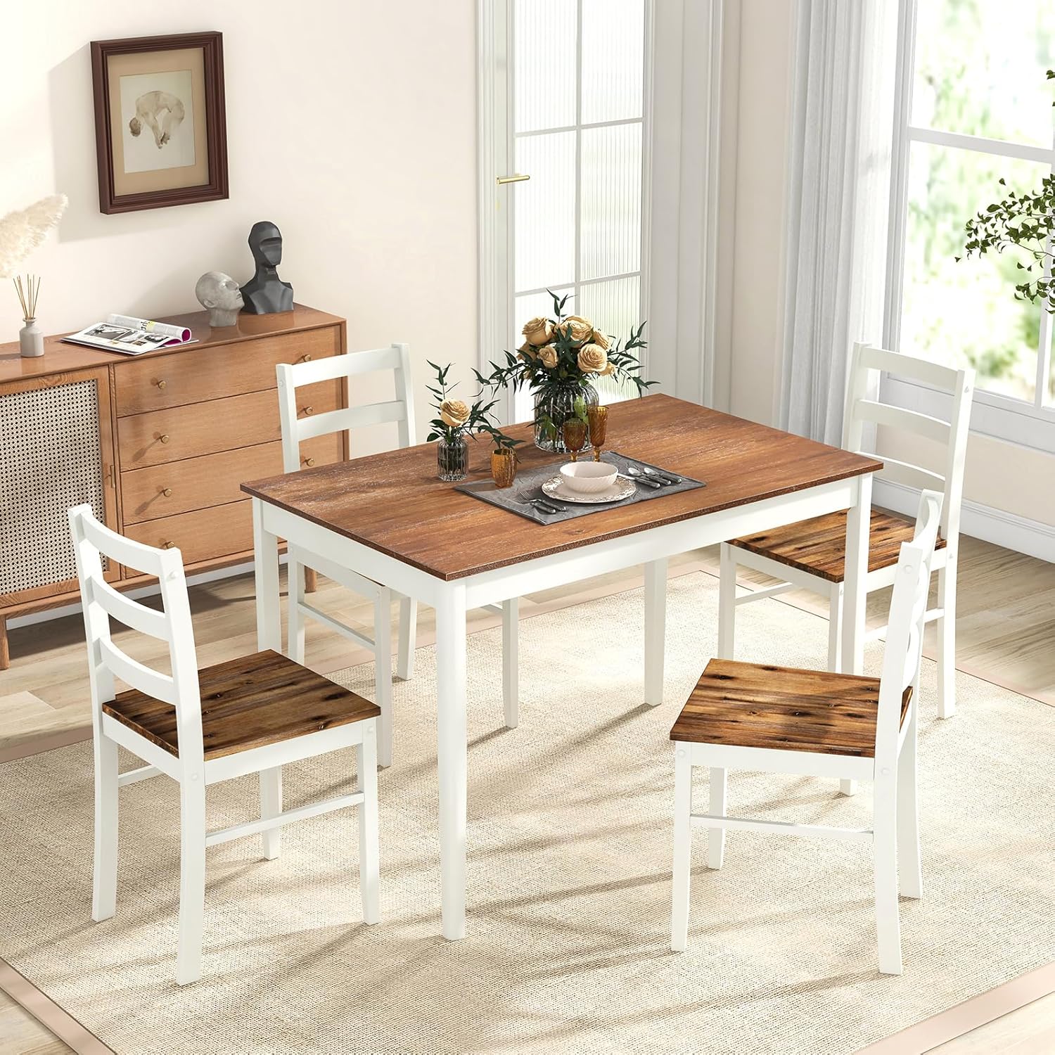 Tangkula Juego de mesa de comedor para 4, madera maciza, juego de comedor de granja con patas de madera de goma, juego de mesa de comedor y sillas