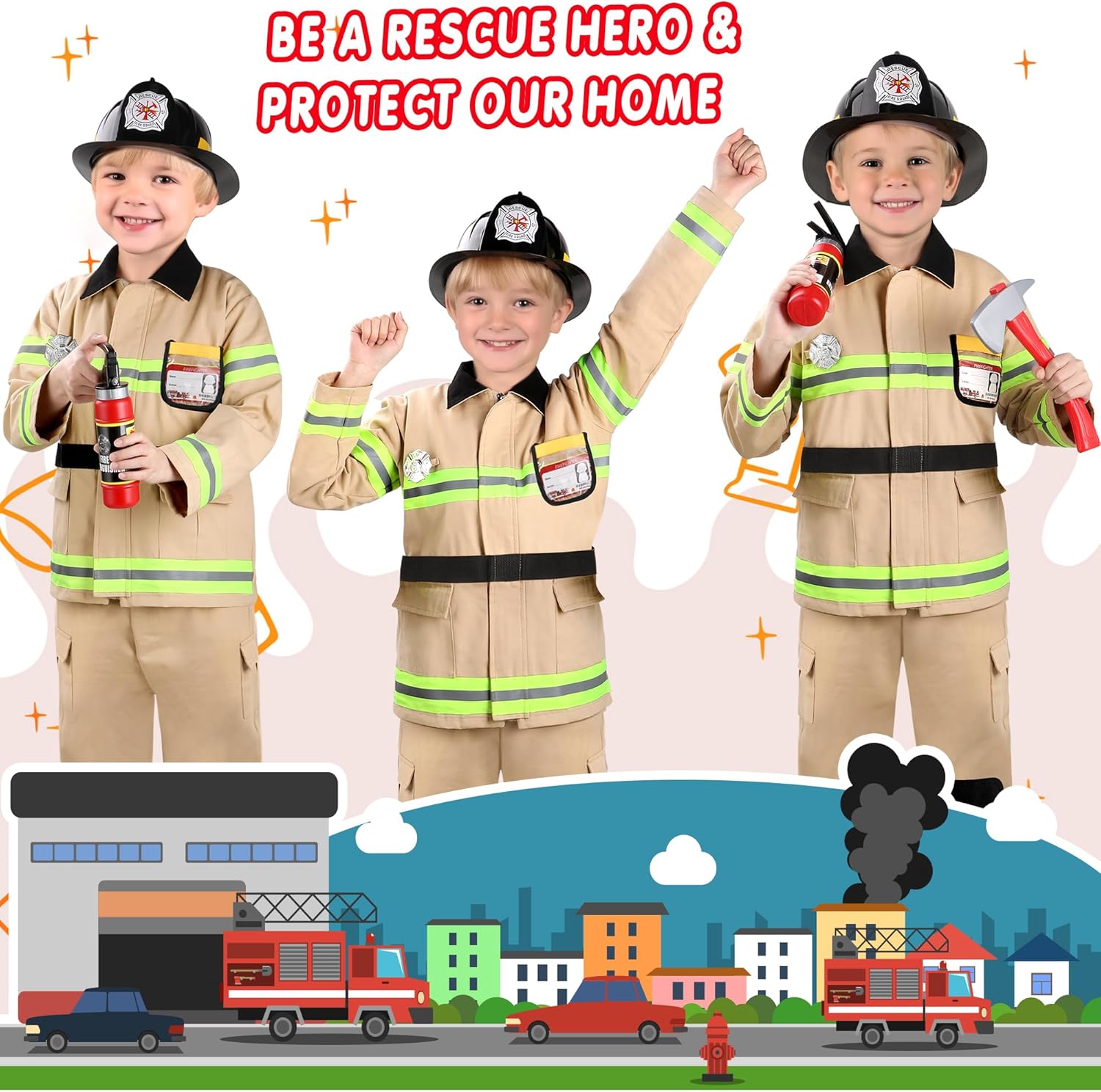 GIFTINBOX Disfraz de bombero para niños, disfraz de bombero para niños con accesorios, disfraz de Halloween para niños, juego de rol