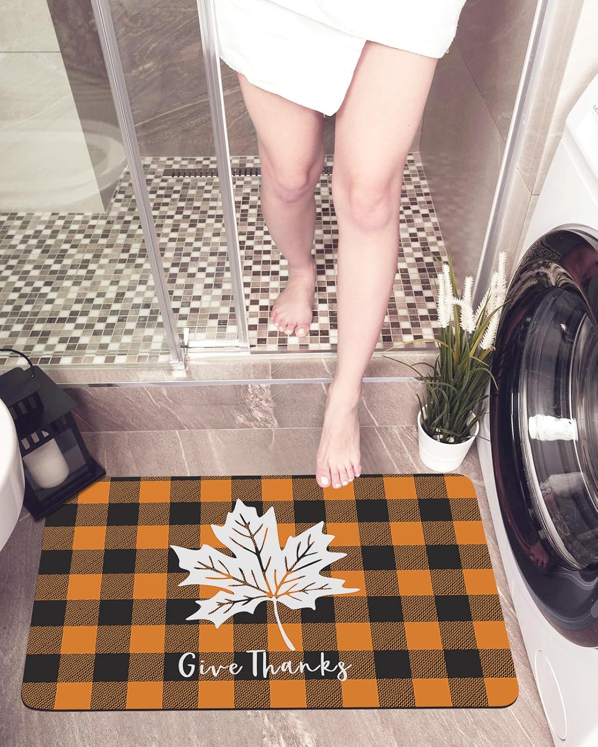 Bath Mat,Thanksgiving Give Thanks Fall Maple Leaf Orange and Black Check Indoor Door Thin Mat Bathroom Quick Dry Rug Entrance Non Slip Rubber