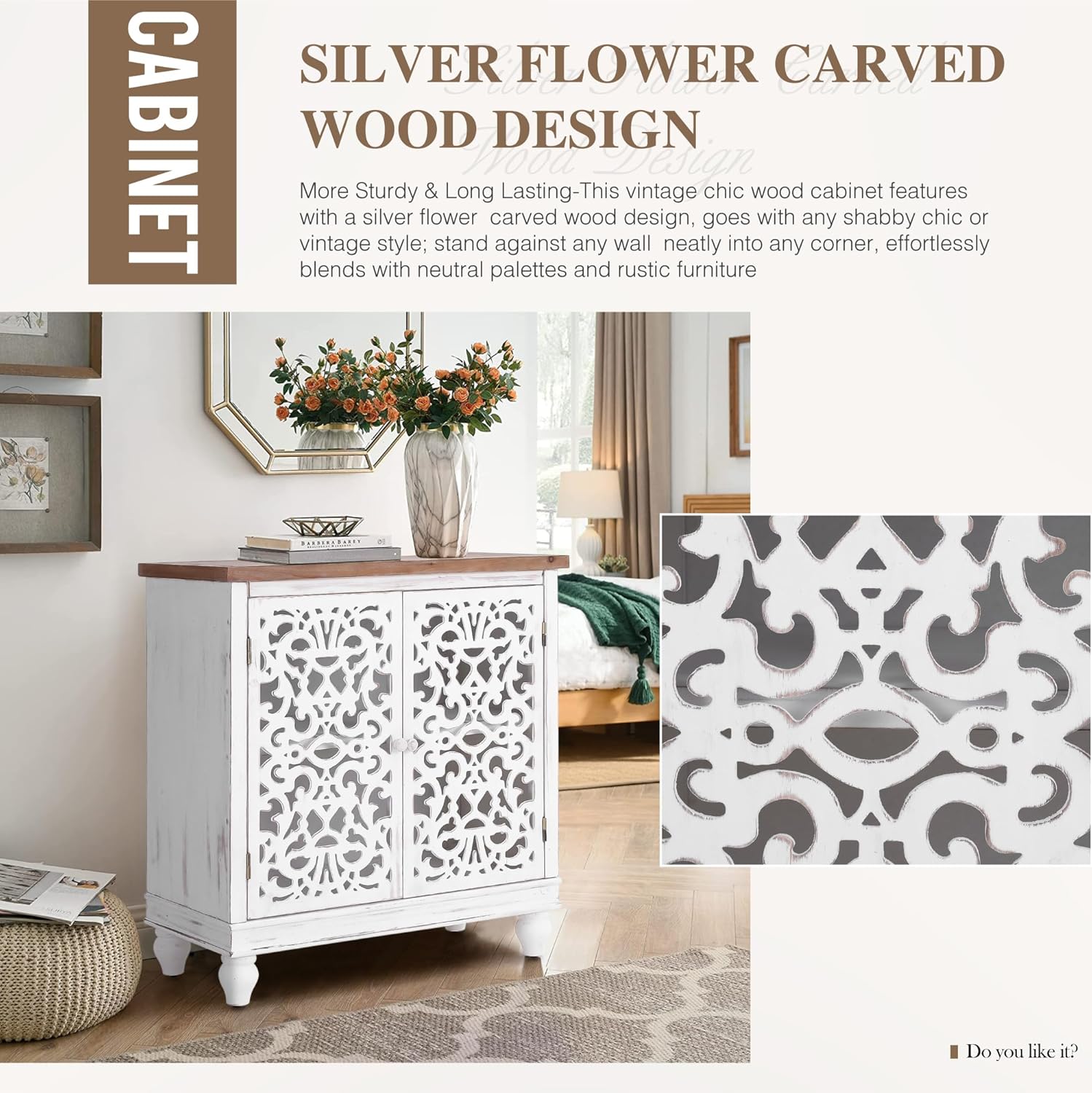 PHI VILLA Gabinete de acento blanco  Aparador de buffet pequeño con puertas Credenza Farmhouse Gabinete de almacenamiento