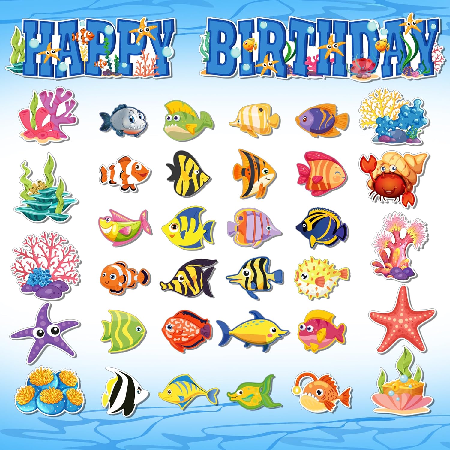 Juego de 48 tablones de anuncios de cumpleaños bajo el mar, decoración de aula temática oceánica, feliz cumpleaños, decoración de peces de animales