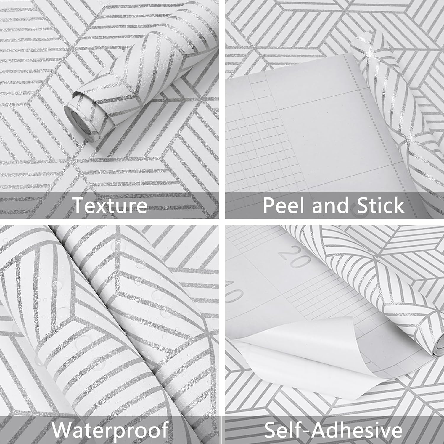 WENMER Papel tapiz hexagonal geométrico, papel de contacto de 17.71 x 78.7 pulgadas, papel tapiz hexagonal geométrico plateado para despegar y