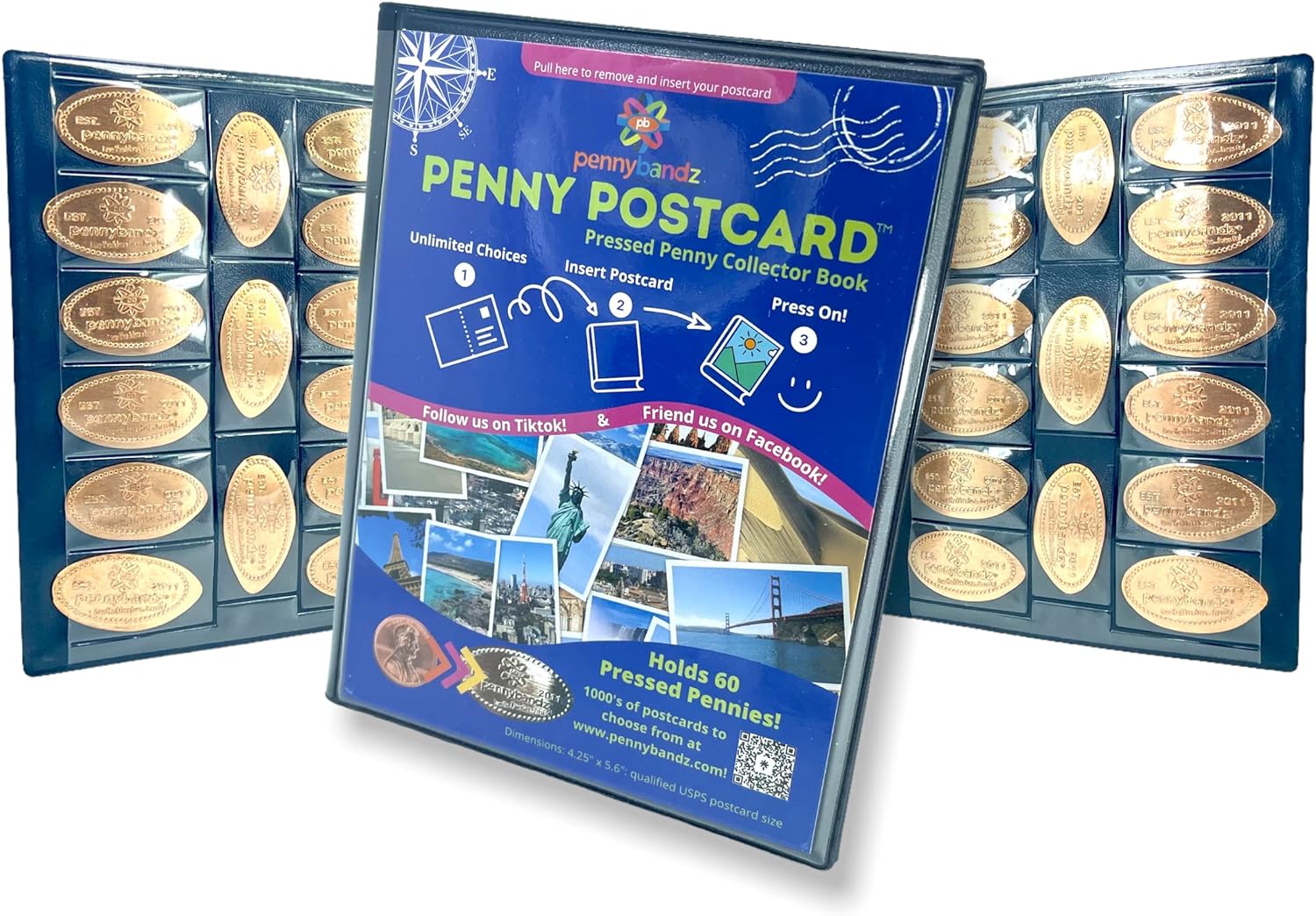 Penny Postcard – Libro de coleccionista prensado de tres pliegues con capacidad para 60 centavos prensados y tu postal favorita para tu portada (las