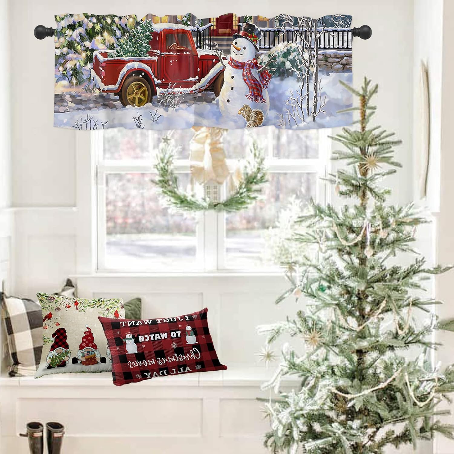 Cenefas de muñeco de nieve para ventana de cocina, camión rojo rojo con árbol de Navidad, cortinas cortas para decoración de invierno, vacaciones,