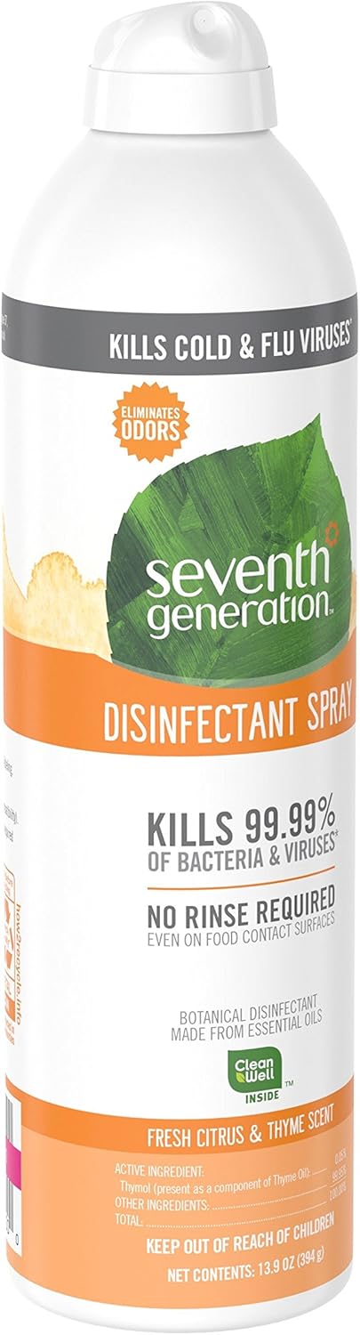 Seventh Generation Spray desinfectante, aroma cítrico fresco y tomillo, 13.9 onzas (paquete de 4)
