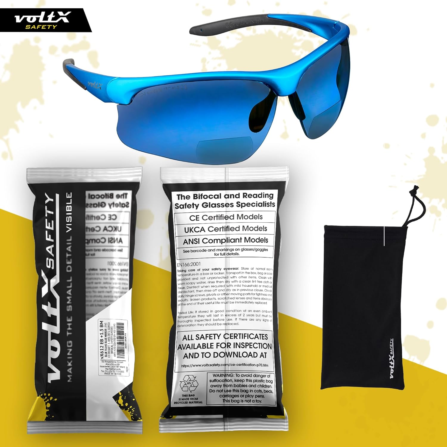 voltX ‘CONSTRUCTOR ULTIMATE’ Gafas de seguridad bifocales de lectura (marco azul, lente de espejo azul + 1.5 dioptrías) con certificación CE EN166FT