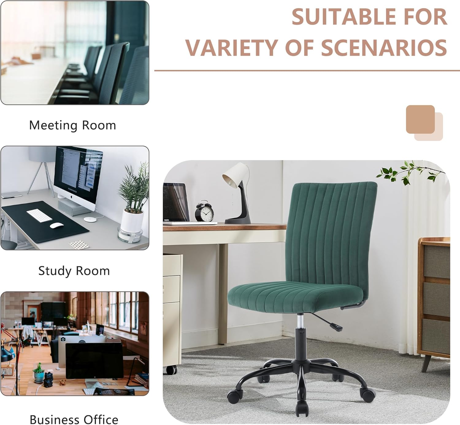 Silla de oficina sin brazos con ruedas, silla ergonómica de computadora de altura ajustable, silla de escritorio ejecutiva giratoria de 360 grados,