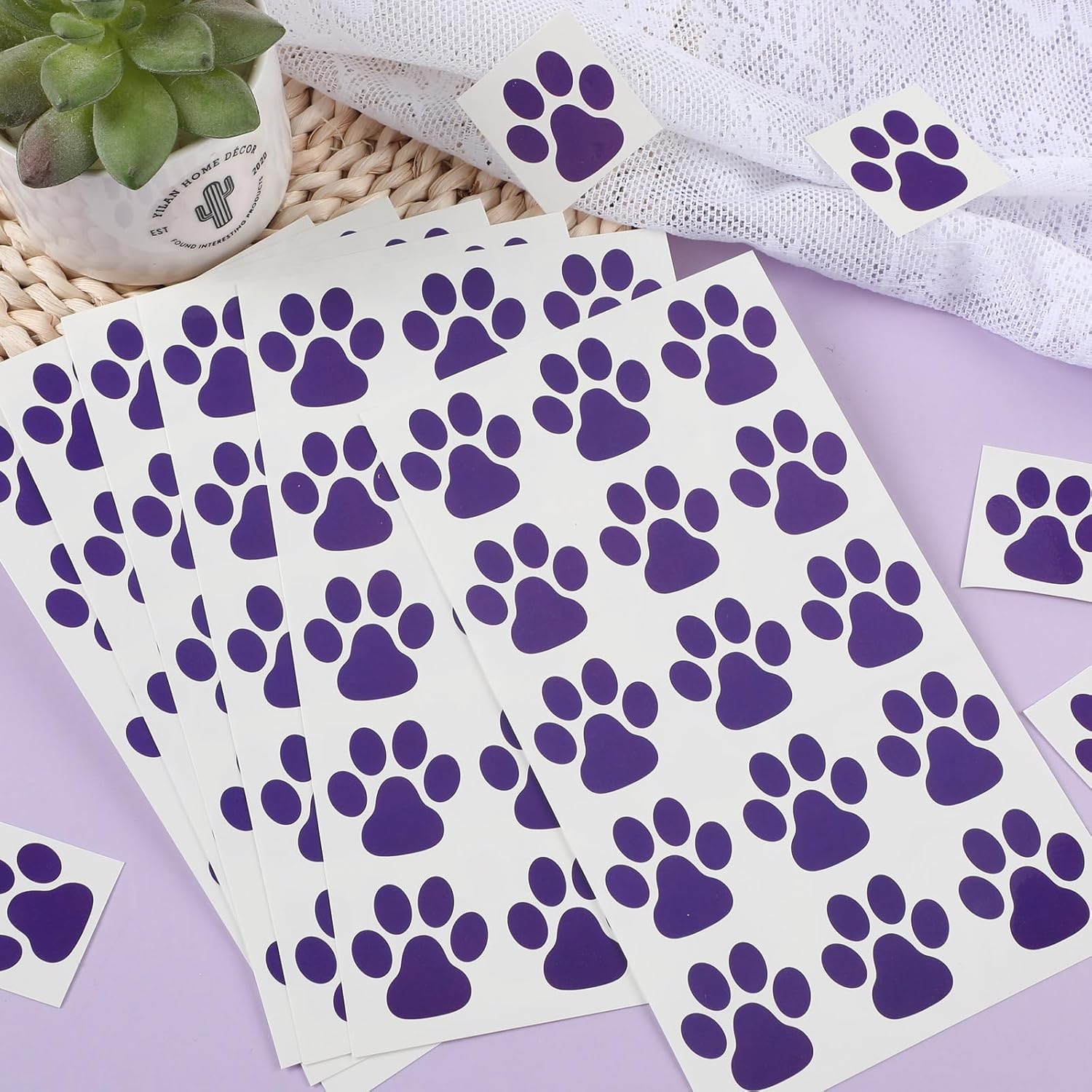 20 hojas de 300 piezas de huellas de patas, tatuajes temporales de patas moradas, tatuajes temporales de patas de perro, calcomanías extraíbles para
