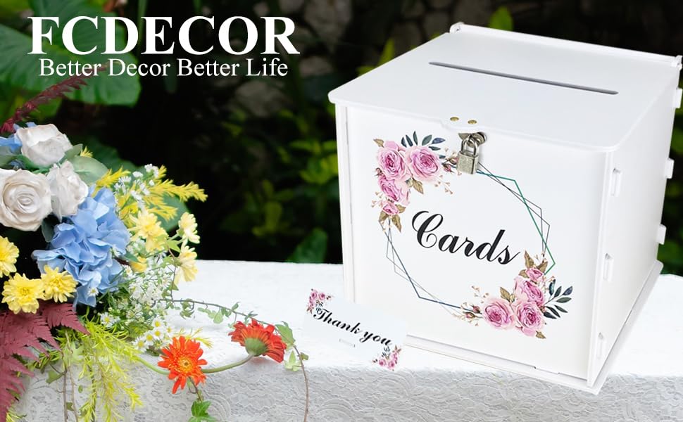 Caja de tarjetas de boda blanca con cerradura, cajas de tarjetas de boda de regalo para recepción con soporte de dinero con letrero de rosa para