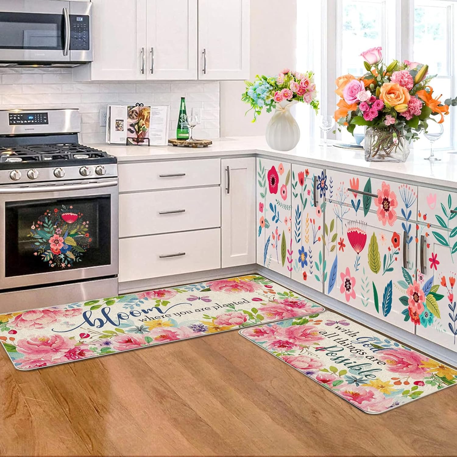 Wtosuhe Juego de 2 tapetes de cocina de primavera, antideslizantes, diseño floral, para primavera, verano, Pascua, decoración de cocina, lavable,