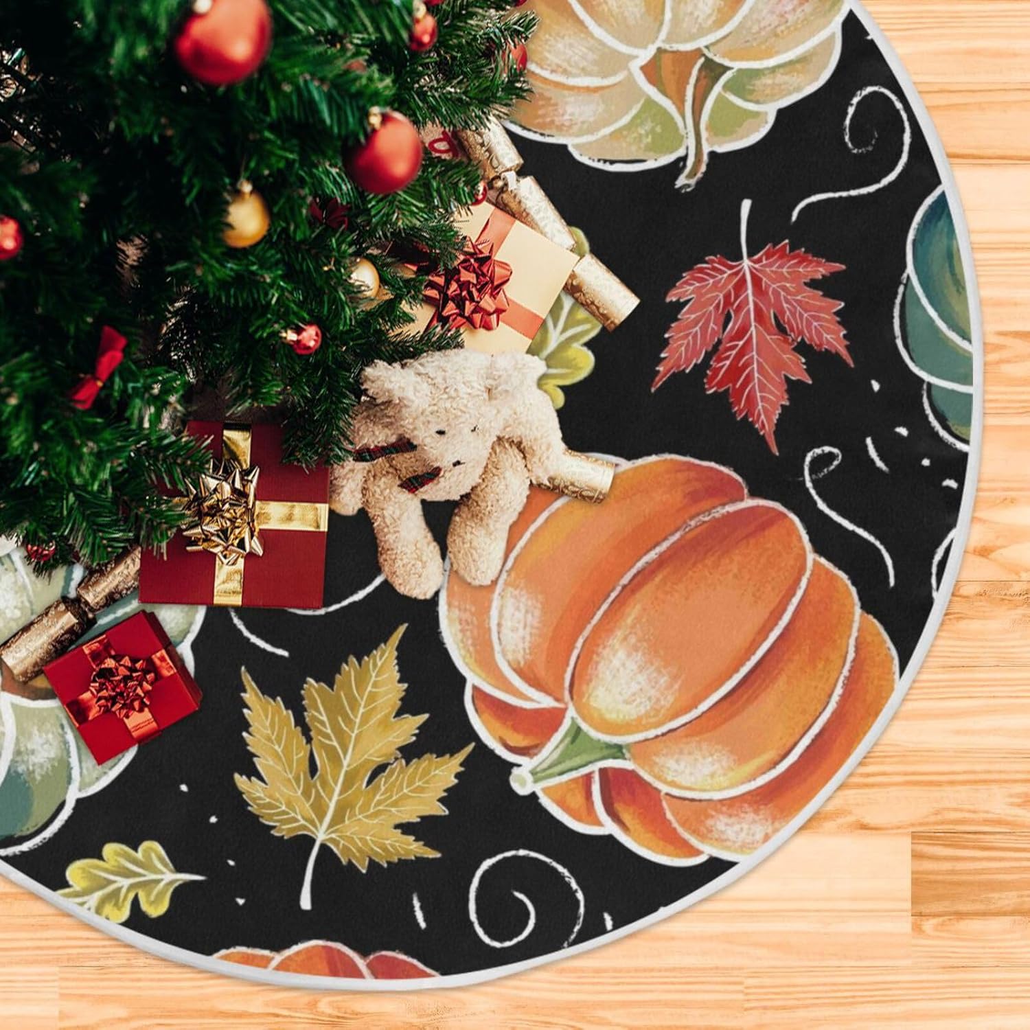 Pumpkin Falling Leaves Xmas Tree Skirt, Tree Skirt Decorations, 47.2 in Tree Skirt Washable, Fall Decoration