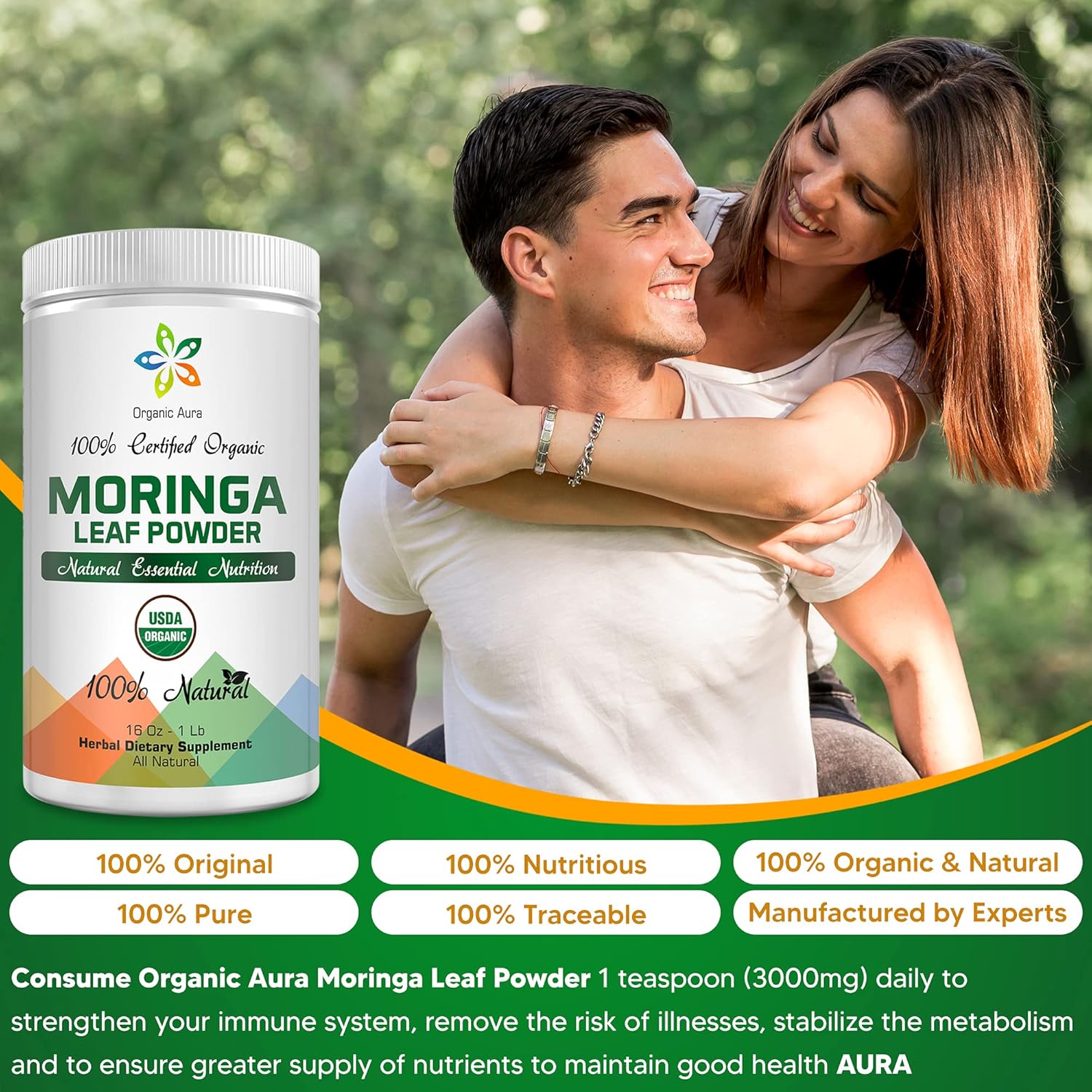 Polvo de hoja de moringa orgánica certificada, 8 onzas. Certificado orgánico por USDA. Aumenta naturalmente la energía, el metabolismo y la
