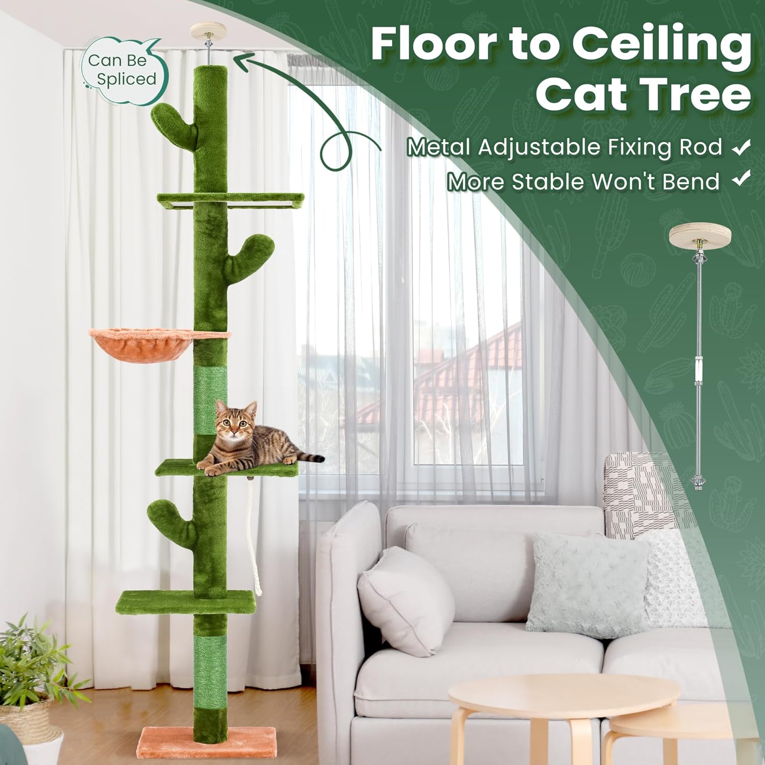Árbol para gatos, árbol de cactus de 5 niveles para gatos del piso al techo, torre para gatos con hamaca acogedora, altura ajustable de 89-109