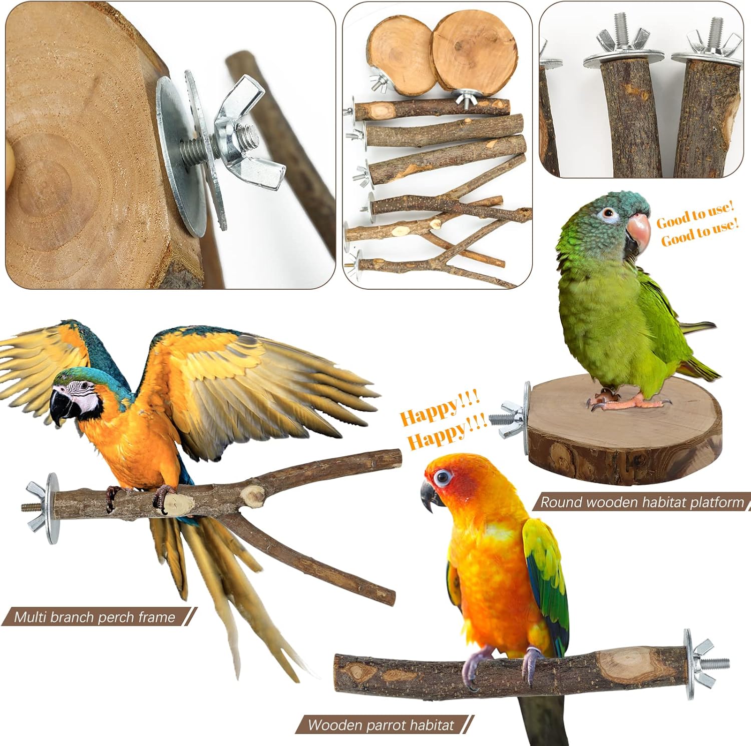 CZWESTC 8 piezas de madera natural para pájaros, perca de madera, soporte de tenedor, juguetes colgantes de múltiples ramas, plataforma de perca,