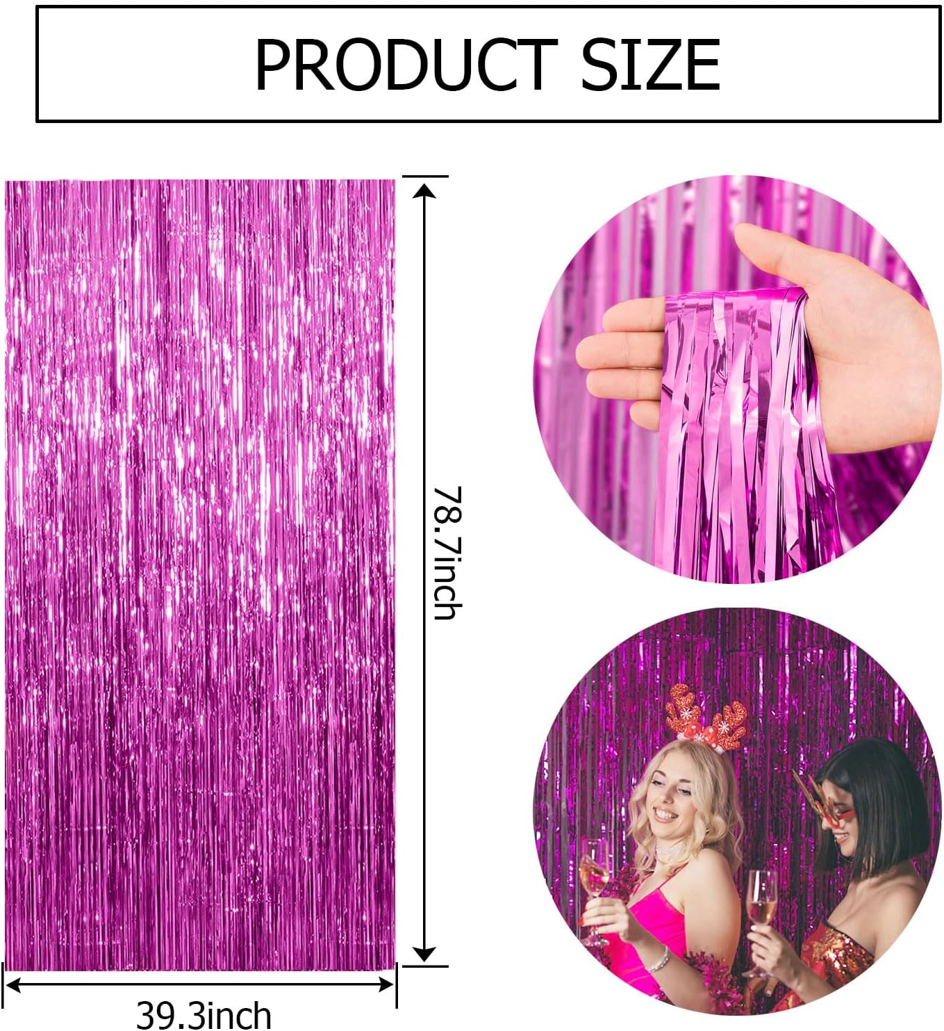 Paquete de 2 telón de fondo de fiesta rosa intenso, decoraciones de cumpleaños, cortina de oropel para fiesta, serpentinas de papel de aluminio,