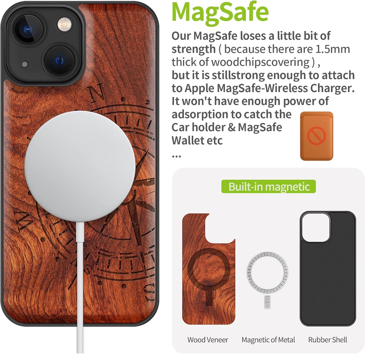 Carveit Funda magnética de madera para iPhone 13 Mini madera real dura y TPU suave a prueba de golpes, funda protectora híbrida única y elegante de