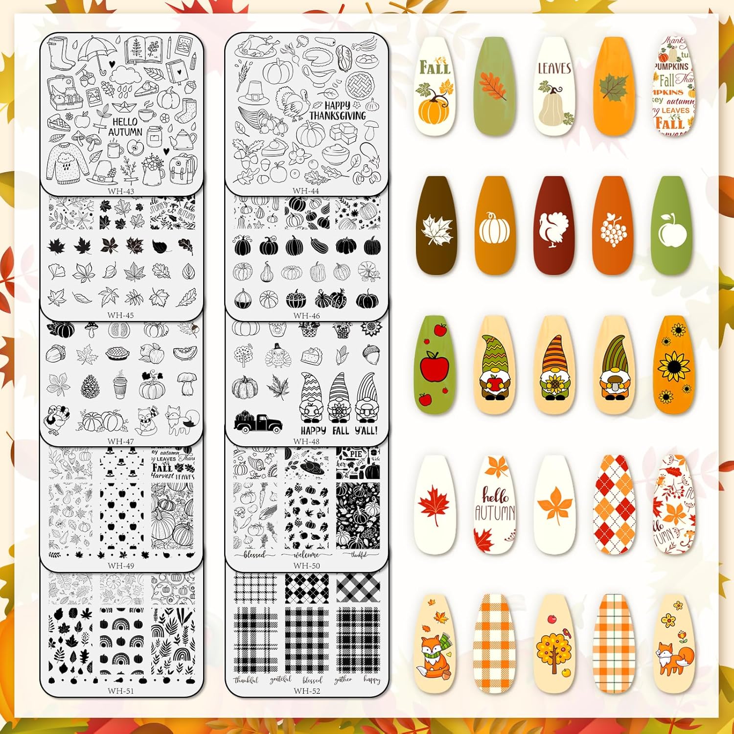 Whaline Kit de 10 hojas de placas de estampado de arte de uñas de otoño, calabazas de Feliz Acción de Gracias, gnomo de hoja de arce, a cuadros,