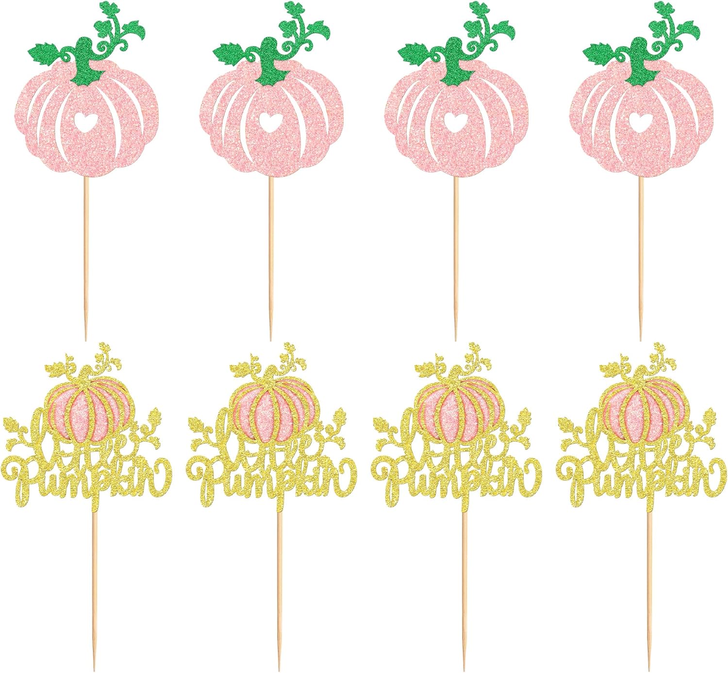 Ercadio Paquete de 24 adornos para cupcakes de calabaza con purpurina rosa, decoración de cupcakes de calabaza de otoño para el día de Acción de