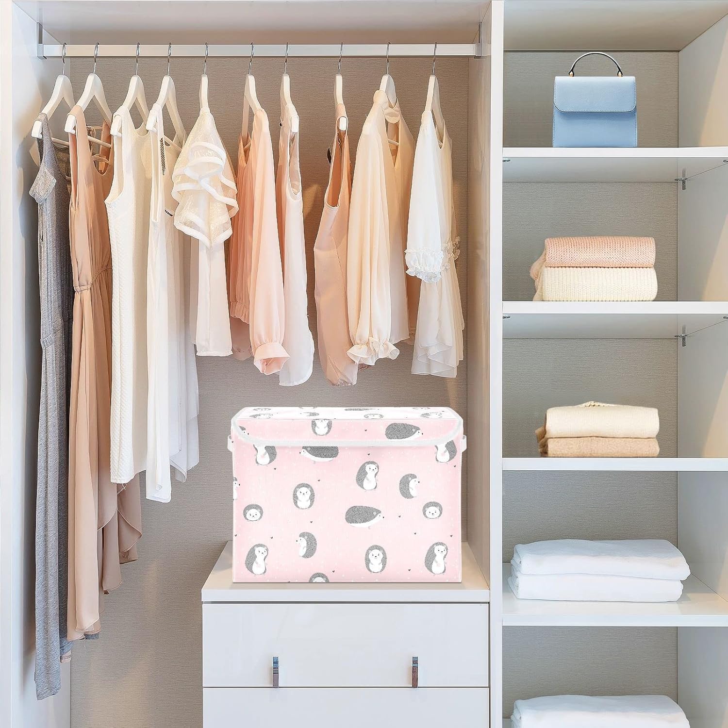 Lindos erizos sonrientes rosados, contenedor de almacenamiento plegable con tapa, caja de almacenamiento, cubos grandes, canastas organizadoras con
