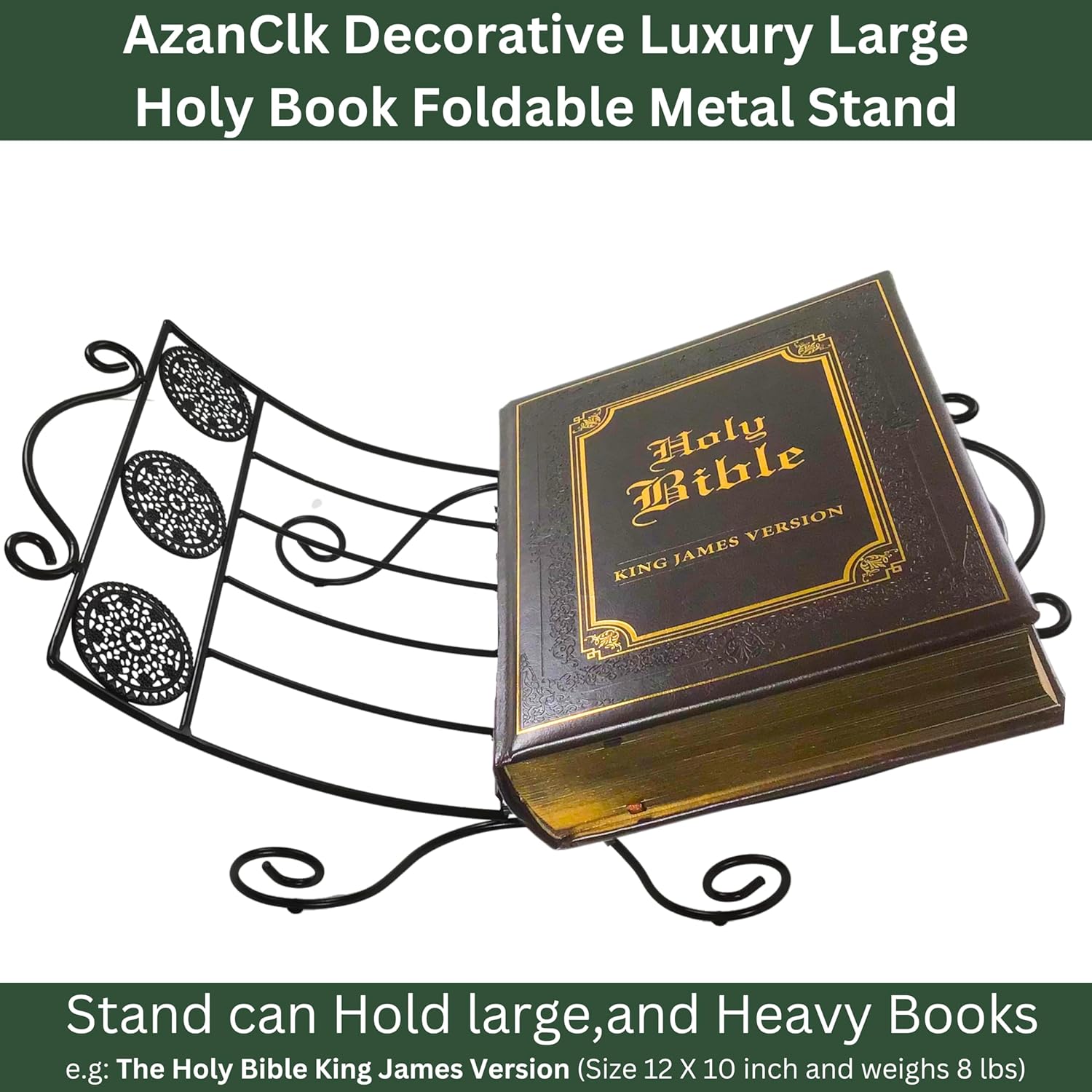 AzanClk Soporte decorativo de metal para libros de texto grandes, Biblia, Corán, Geeta y otros libros sagrados o revistas (negro)