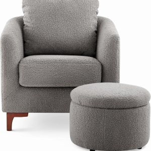 COLAMY Juego de silla decorativa Sherpa y otomana de almacenamiento, moderno tapizado de tela para sala de estar, sillón con almohada trasera y COLAMY Juego de silla decorativa Sherpa y otomana de almacenamiento, moderno tapizado de tela para sala de estar, sillón con almohada trasera y