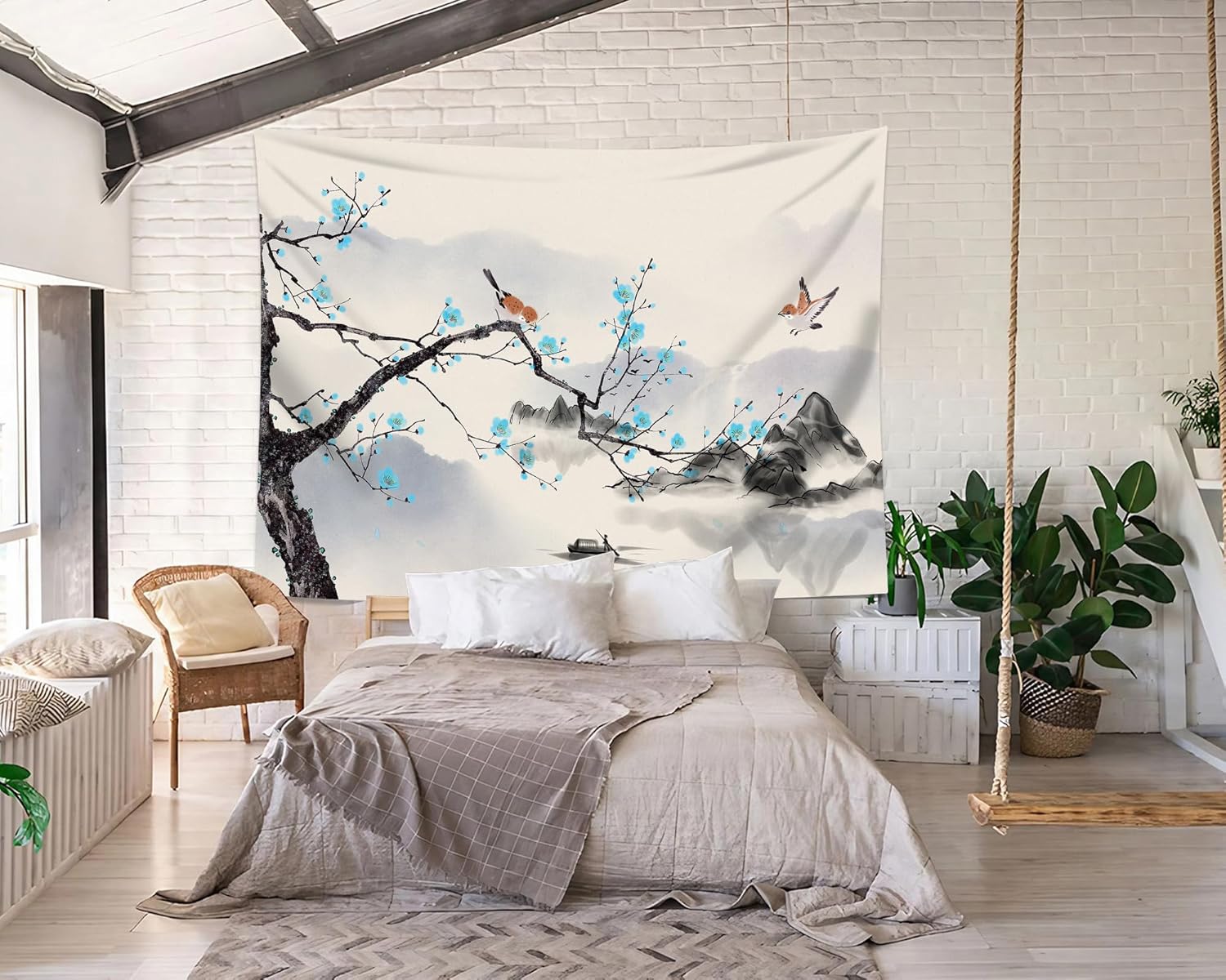 QGHOT Tapiz japonés asiático para hombre, tapiz de acuarela para colgar en la pared, tapiz calmante de pared, tapiz de paisaje de montaña, tapiz de