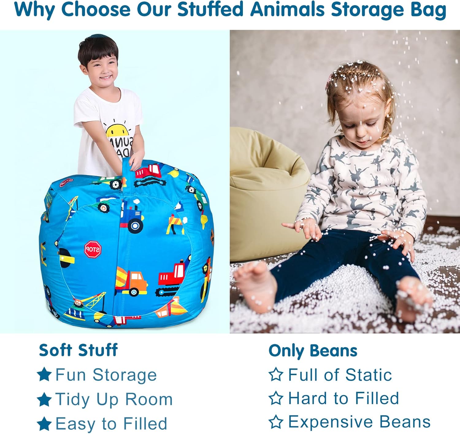 Lukeight Funda para silla puf de almacenamiento de animales de peluche para niños, funda para silla puf con cremallera para organizar habitaciones