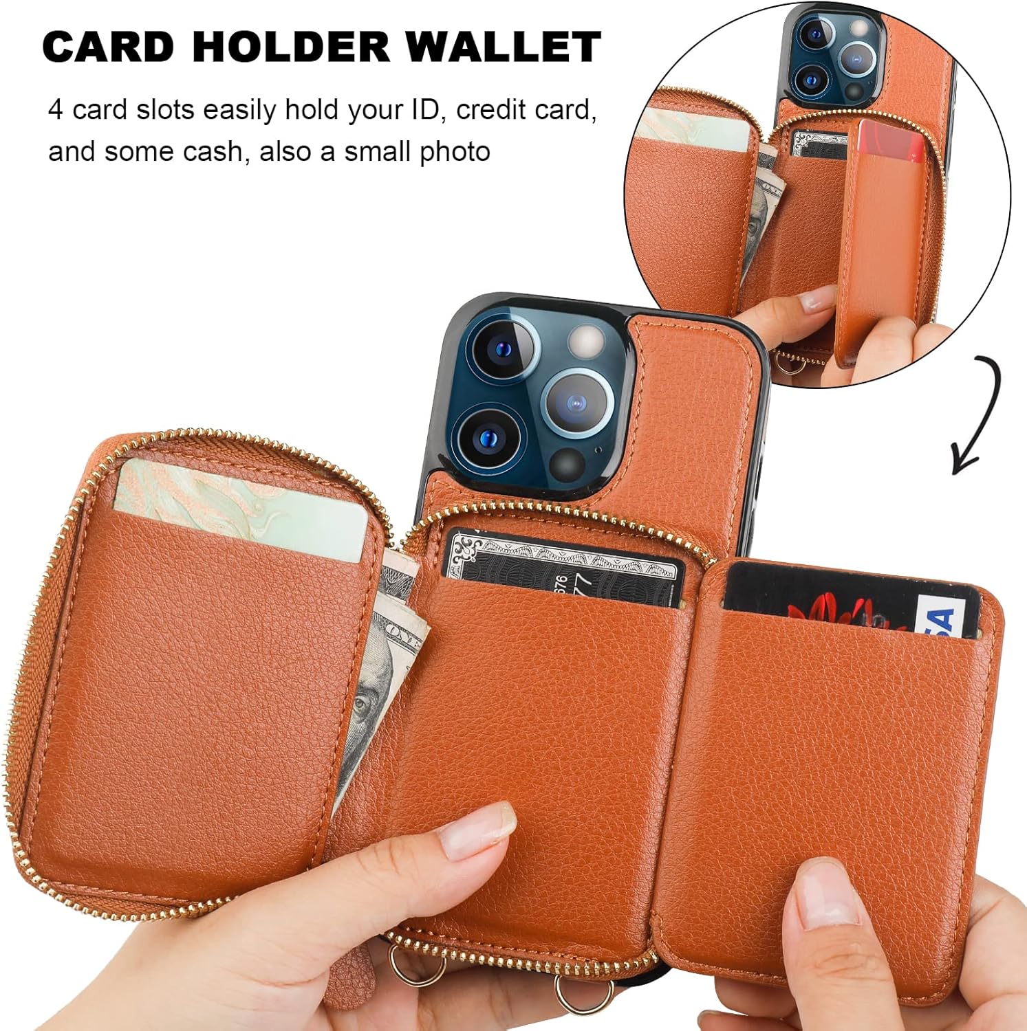 Bocasal Funda tipo cartera con bloqueo RFID para iPhone 13 Pro, funda cruzada ajustable con cremallera, tarjetero con función atril y correa de