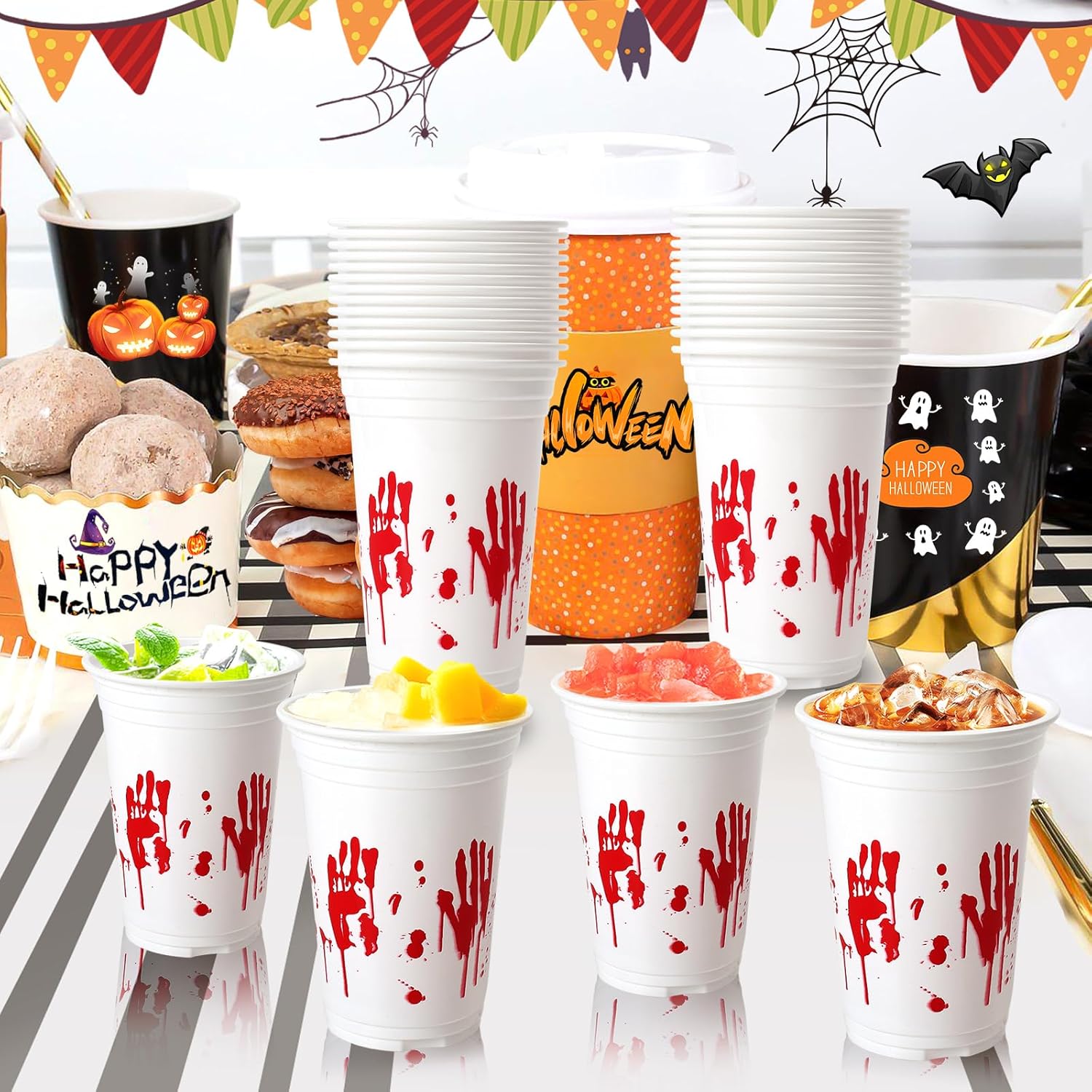 HENILEW 50 vasos de plástico desechables de Halloween, 10 onzas, taza de fiesta con estampado de mano sangrienta, vasos de fiesta para niños, tazas